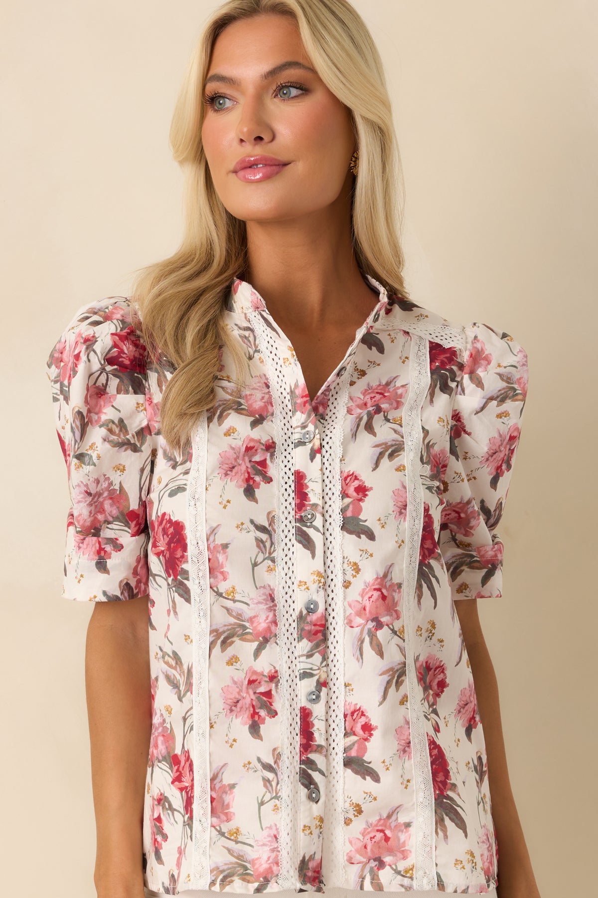 Pink Multi Floral Print Button Front Top - Fresh Florals | Red Dress
