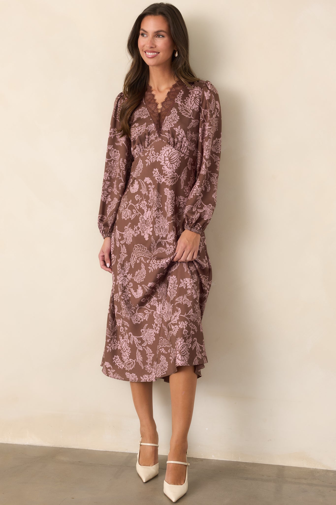 The Thought of You Mocha & Pink Floral Midi Dress | Red Dress