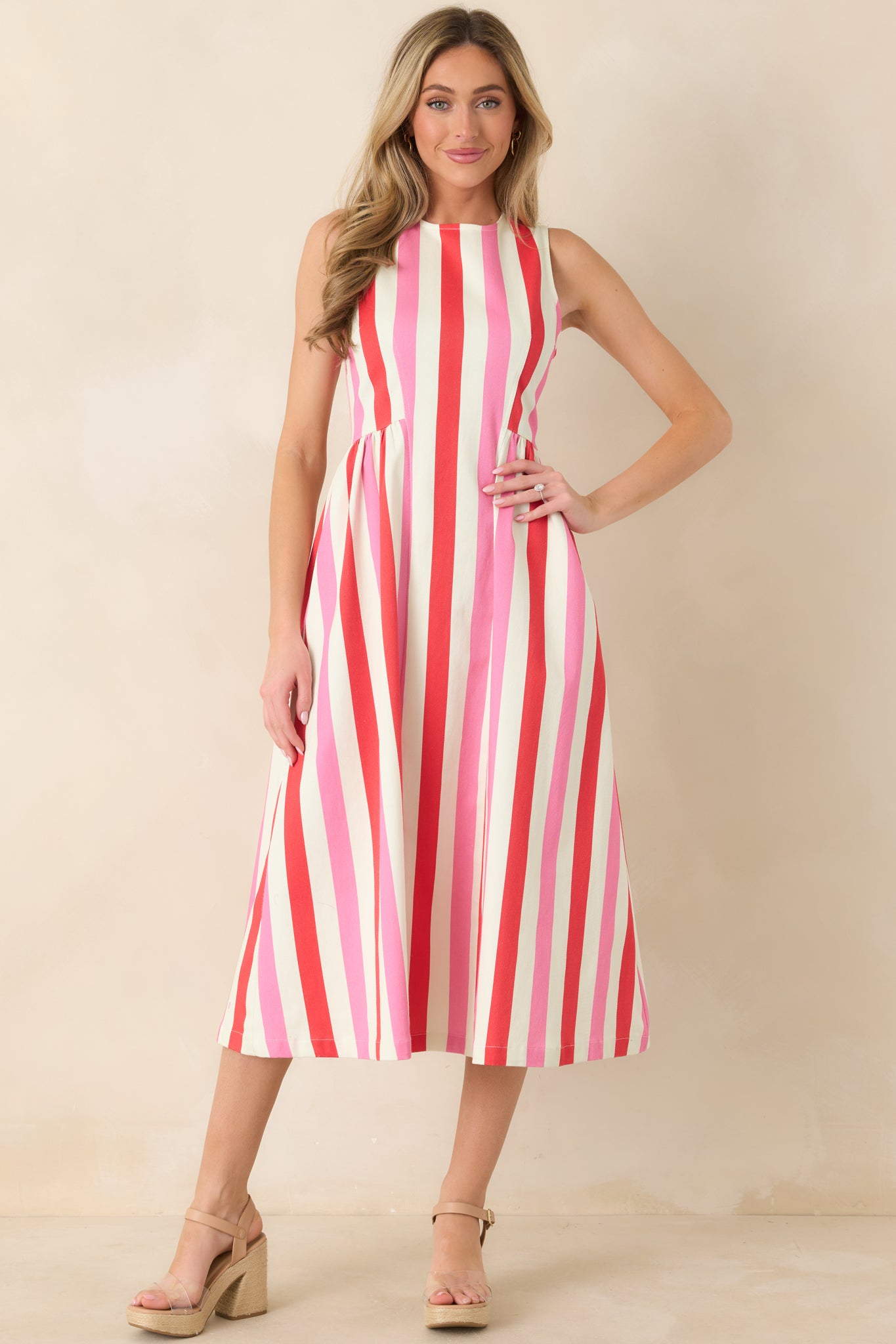 strapless open back dress Pink Ribbed Knit Embroidered Midi Dress