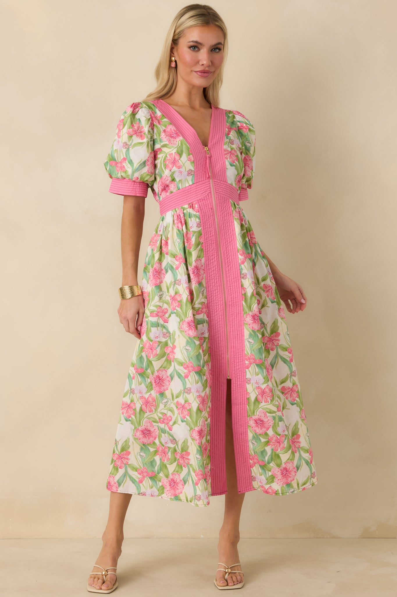 white christmas dresses Color Me Floral Pink Multi Floral Print Cotton Zip Front Midi Dress