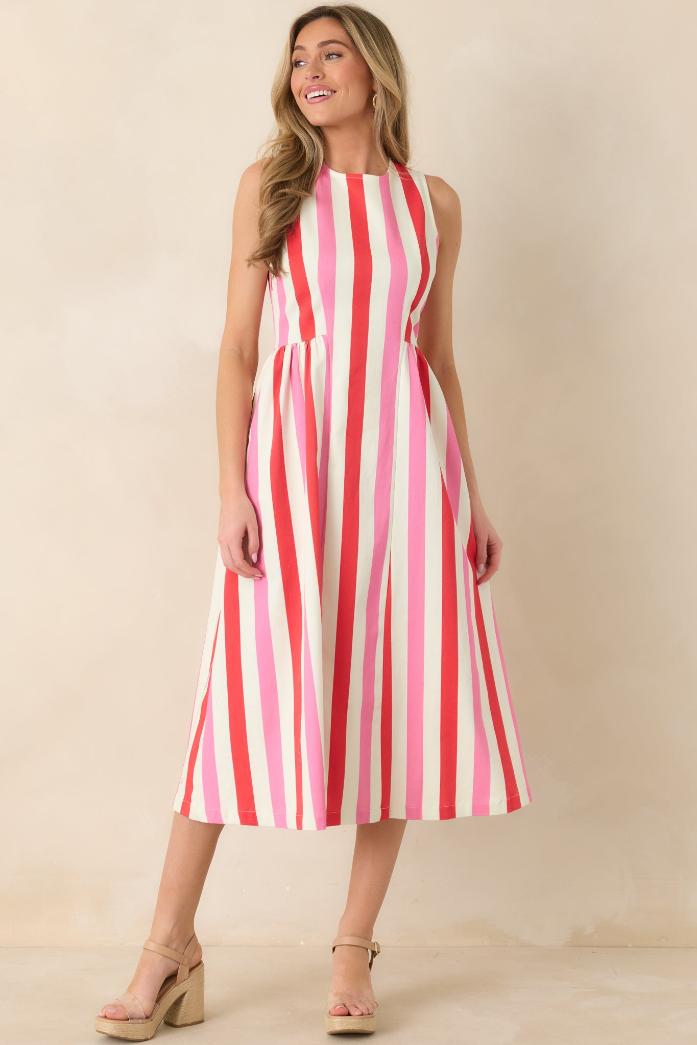 Women's All the Energy Pink Multi Stripe Cotton Sleeveless Midi Dress | Size: L | Red Dress Women's All the Energy Pink Multi Stripe Cotton Sleeveless Midi Dress | Size: L | Red Dress