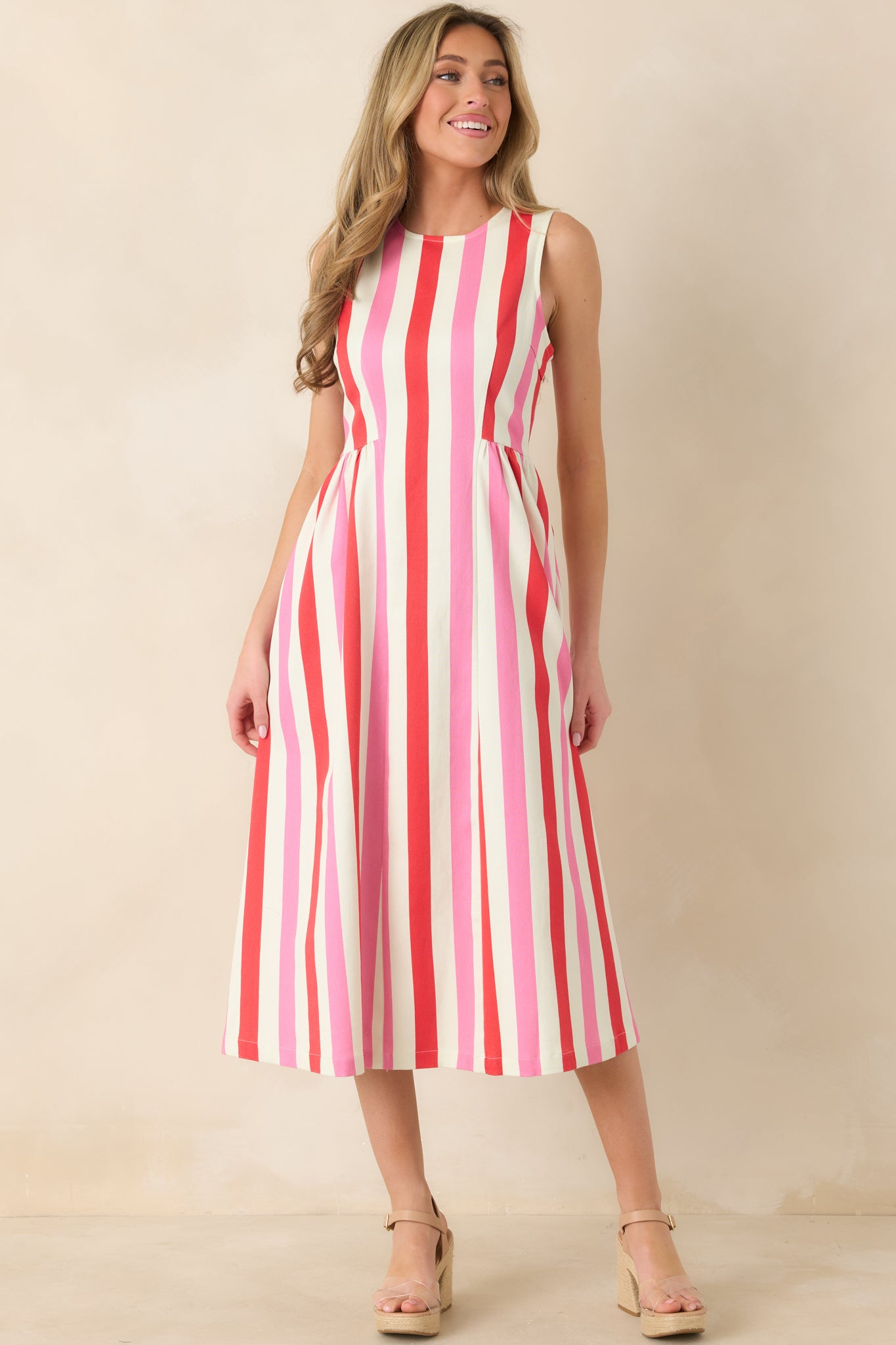 All the Energy Pink Multi Stripe Cotton Sleeveless Midi Dress All the Energy Pink Multi Stripe Cotton Sleeveless Midi Dress