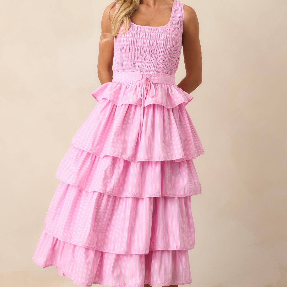 Pink Stripe Cotton Ruffle Maxi Dress - All Dresses | Red Dress
