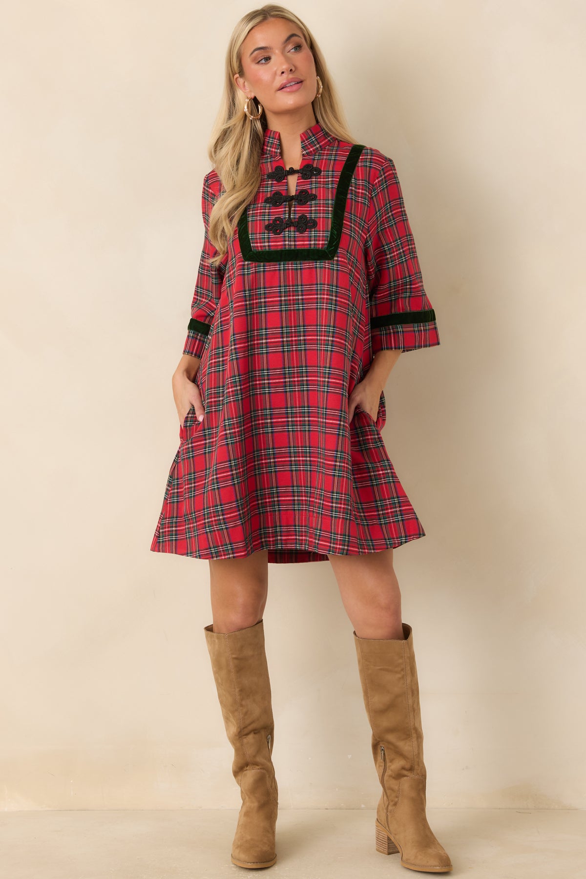 Classic plaid mini dress featuring three-quarter sleeves, dark green velvet edging, and a relaxed A-line silhouette.