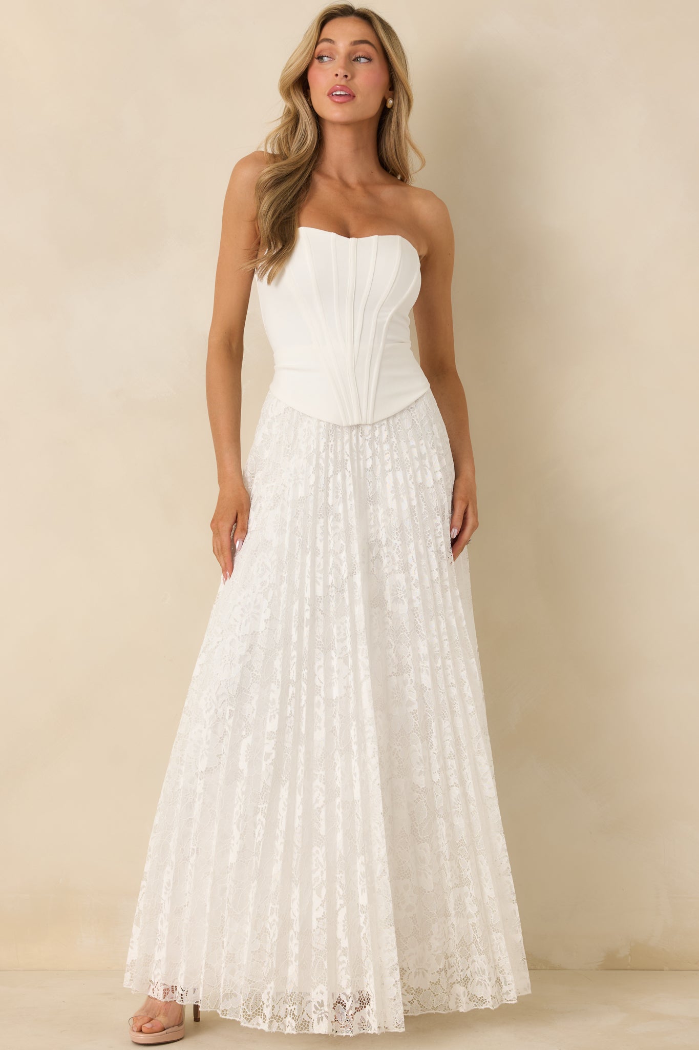 White Corset Bodice & Pleated Lace Maxi Dress - Event Dresses | Red Dress White Corset Bodice & Pleated Lace Maxi Dress - Event Dresses | Red Dress