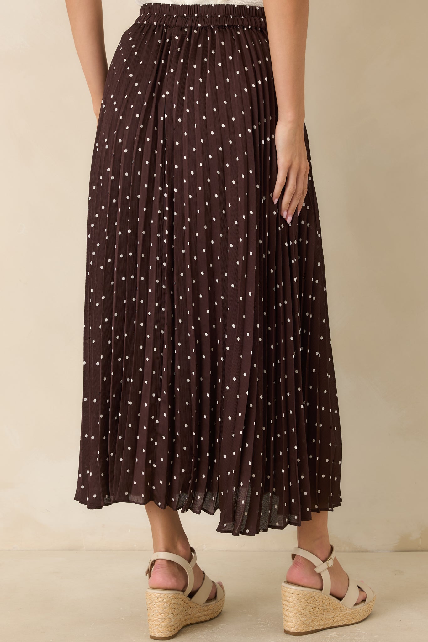 Back view of the pleated maxi skirt featuring a flowing silhouette, elastic waistband, and soft draped finish.