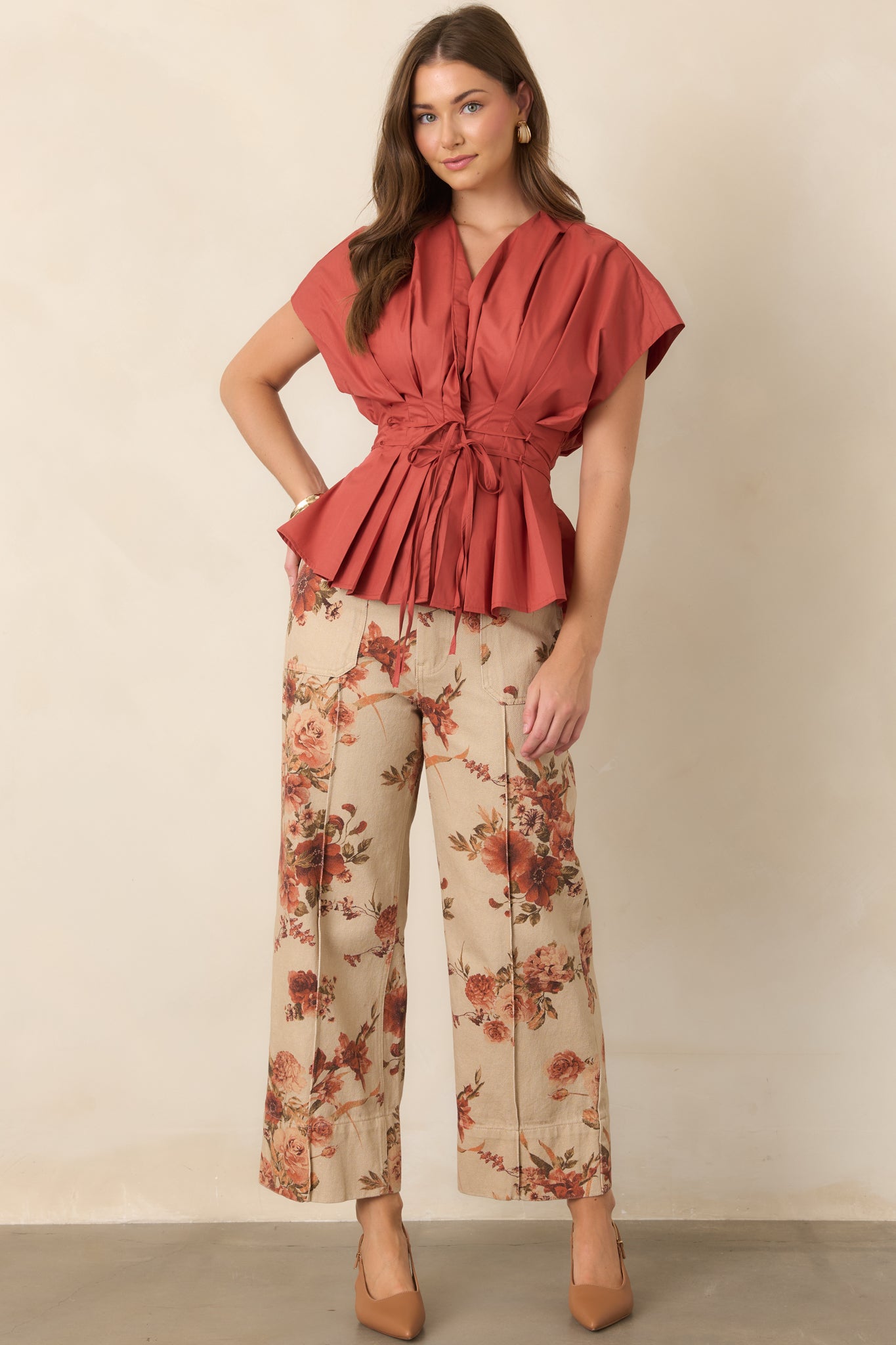 Tied to Perfection Terracotta Pleated Peplum Top | Red Dress