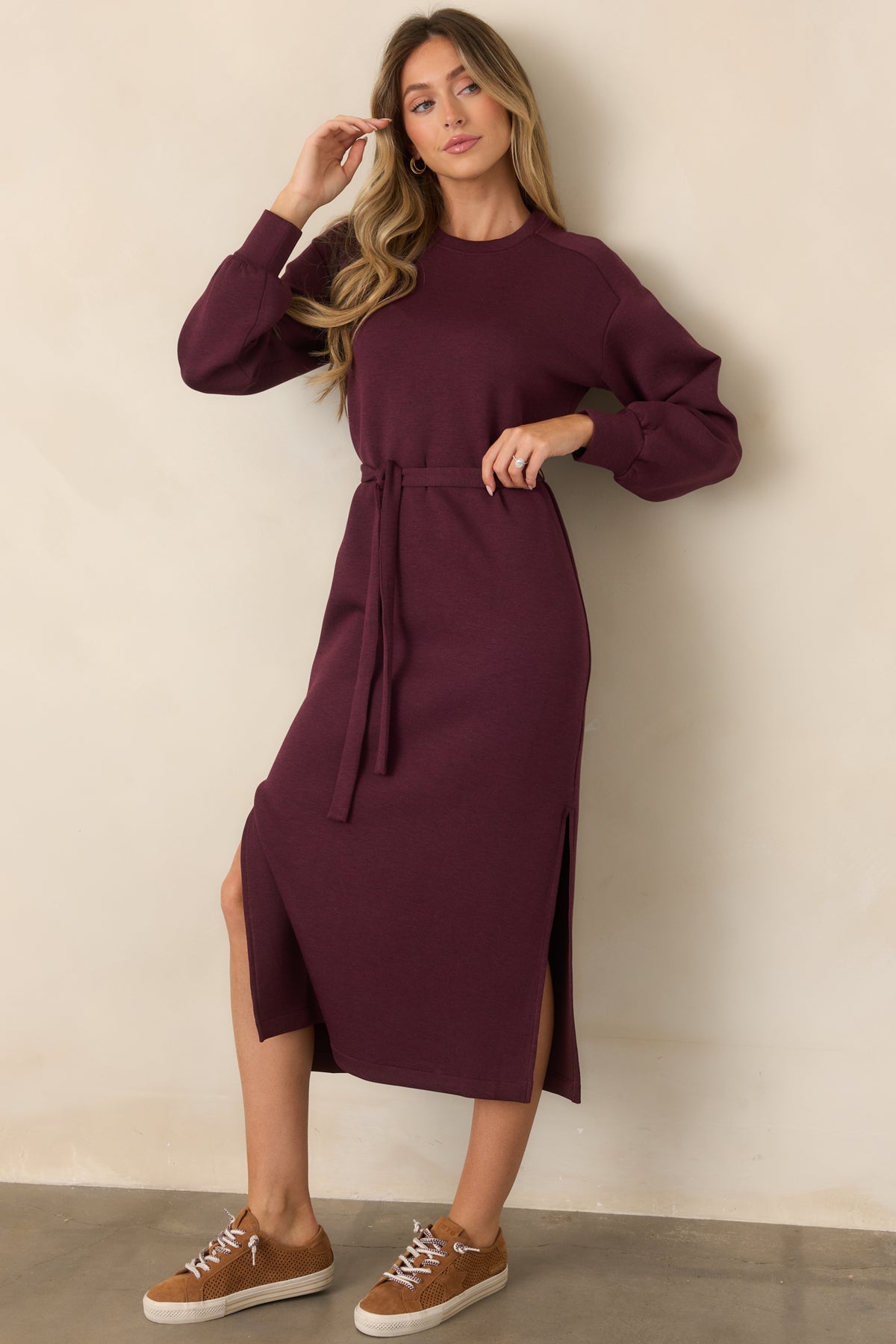 Plum-toned burgundy dress with a sporty crew neckline, banded sleeve cuffs, and adjustable waist tie.