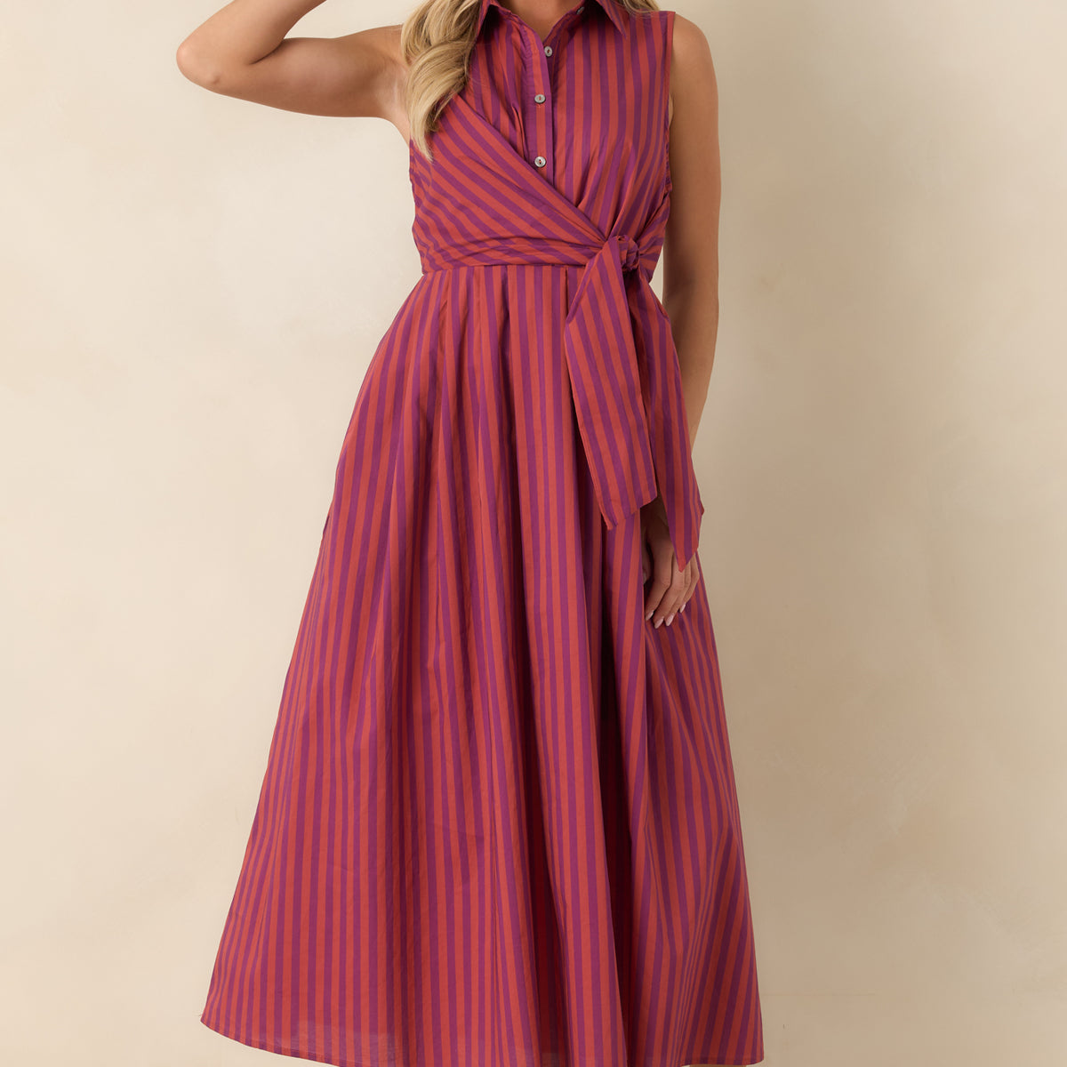 Taking Shape Plum & Burgundy Striped Tie Front Cotton Midi Dress