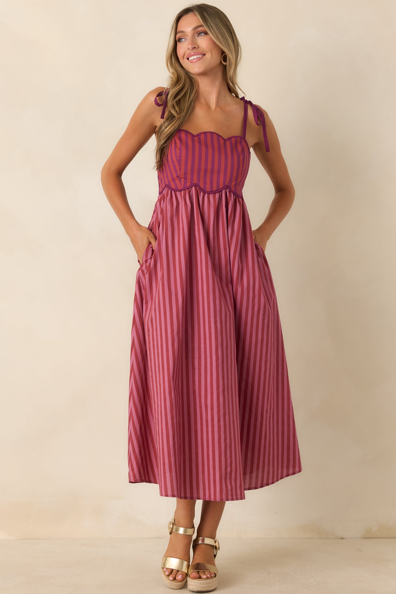 Women's Entro Wrong Place, Right Time Plum & Burgundy Stripe Cotton Midi Dress | Size: M