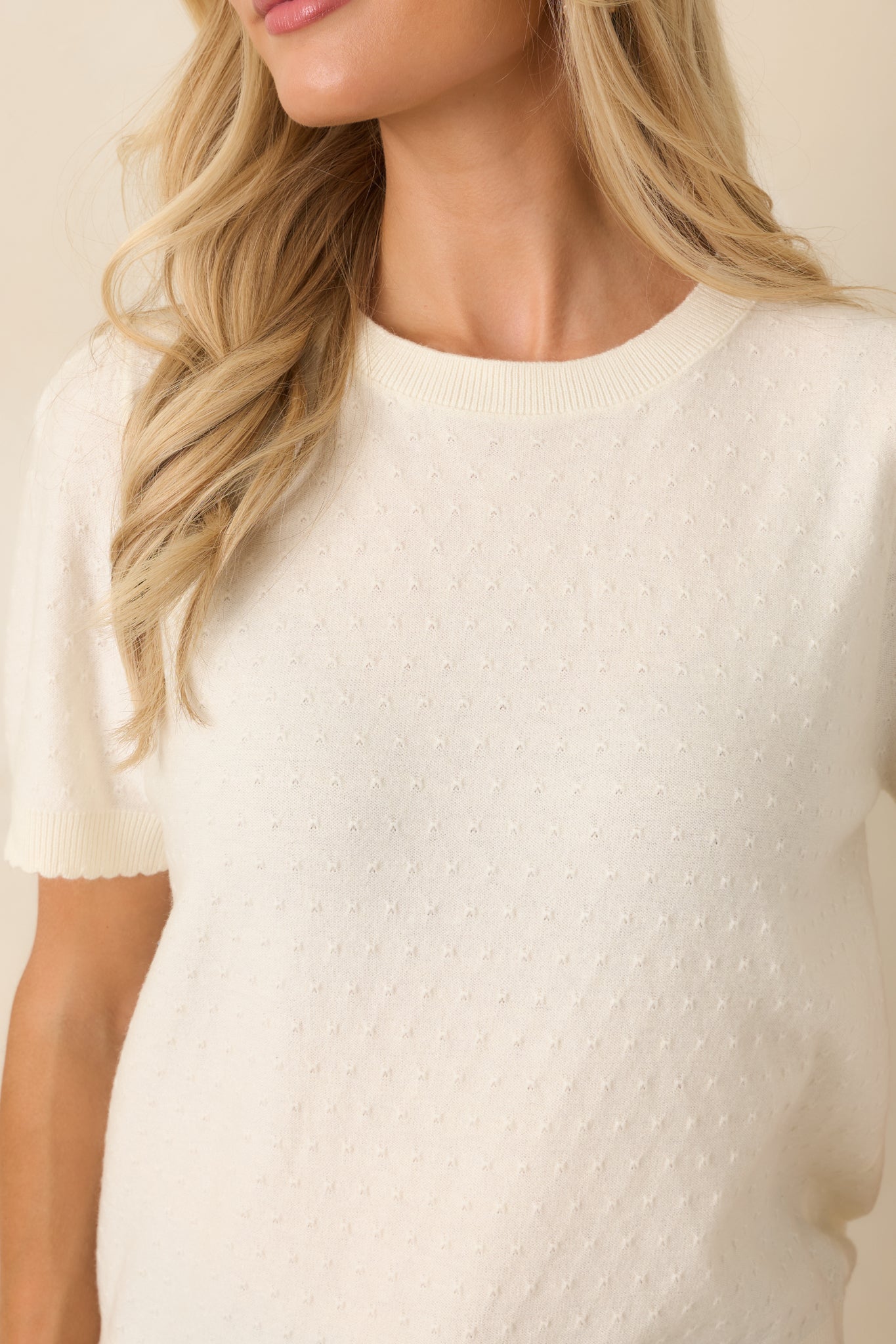 Detailed view of the pointelle texture, crew neckline, puff sleeves, and ribbed knit accents.