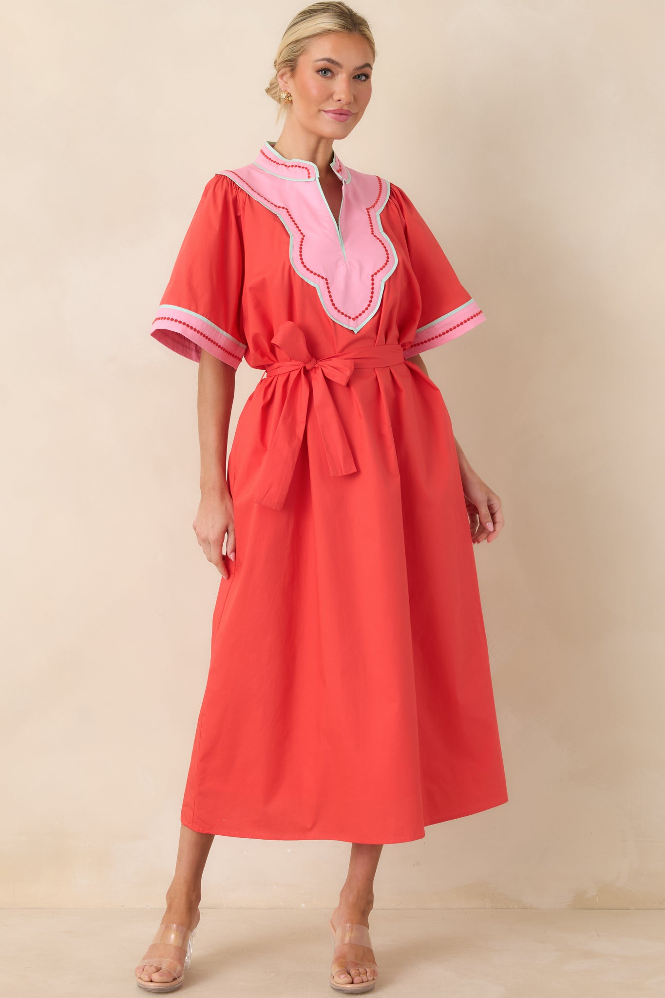 Living Out Loud Poppy Red & Pink Cotton V-Neck Midi Dress Living Out Loud Poppy Red & Pink Cotton V-Neck Midi Dress