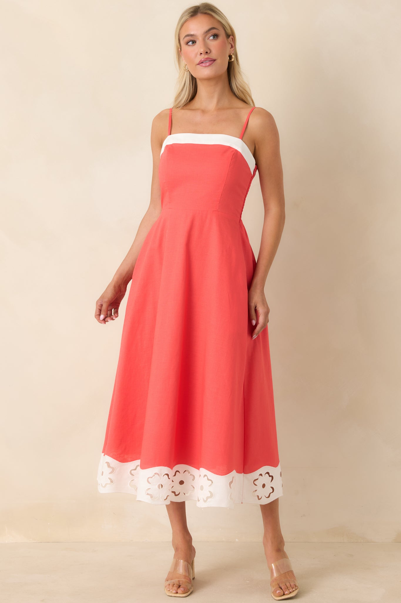 Cut Out for It Poppy Red & Ivory Cotton Linen Floral Cutout Midi Dress Cut Out for It Poppy Red & Ivory Cotton Linen Floral Cutout Midi Dress