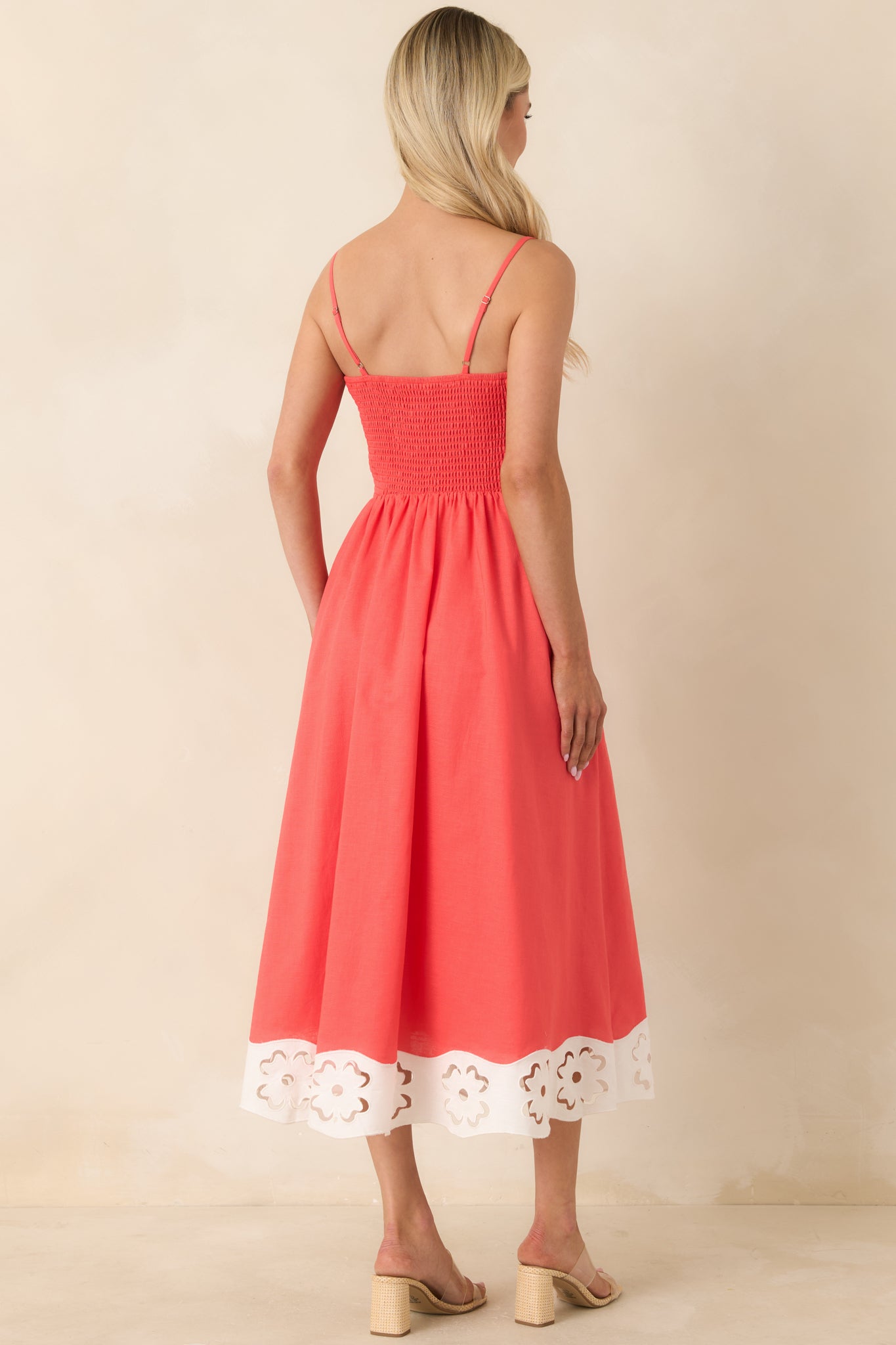Women's Cut Out for It Poppy Red & Ivory Cotton Linen Floral Cutout Midi Dress | Color: Red Orange | Size: M | Red Dress Women's Cut Out for It Poppy Red & Ivory Cotton Linen Floral Cutout Midi Dress | Color: Red Orange | Size: M | Red Dress
