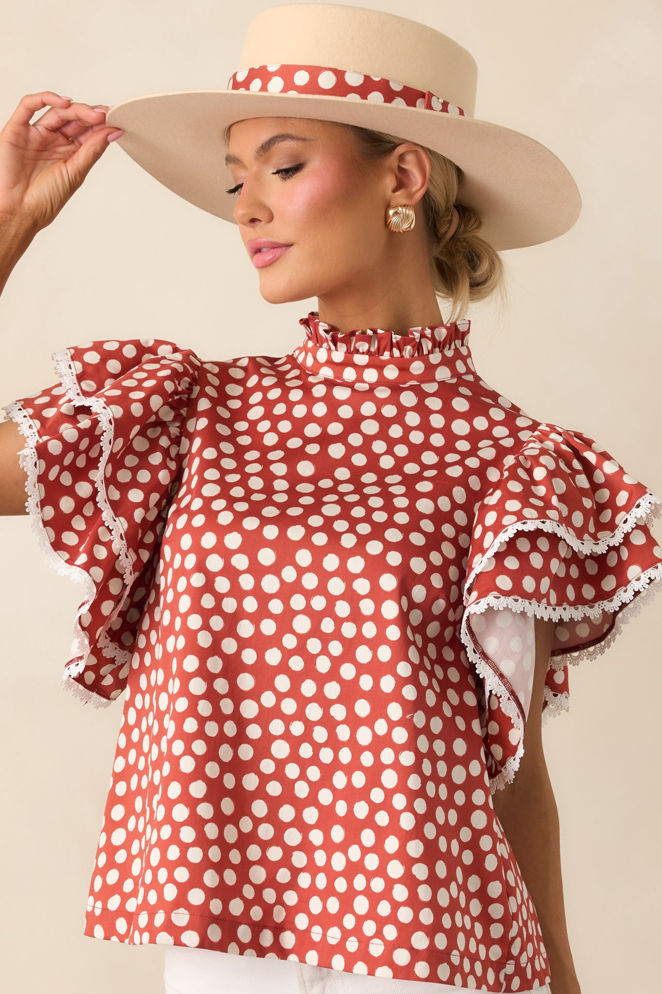 Prosperina Blair Ruffle Top In Brick Red Polka Dot Cotton | Red Dress