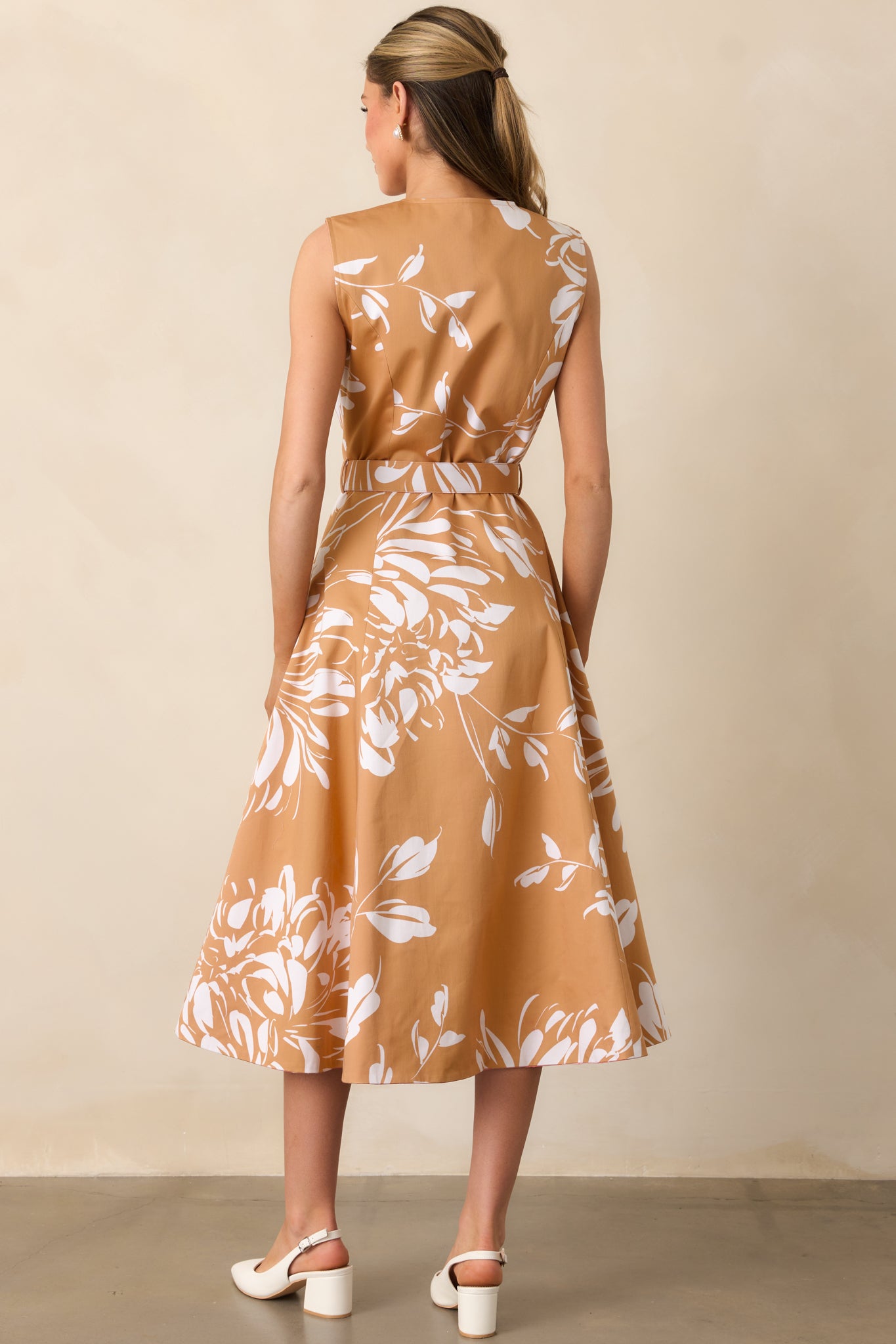 Rear view of the midi dress showing fawn brown floral panel and relaxed fit.