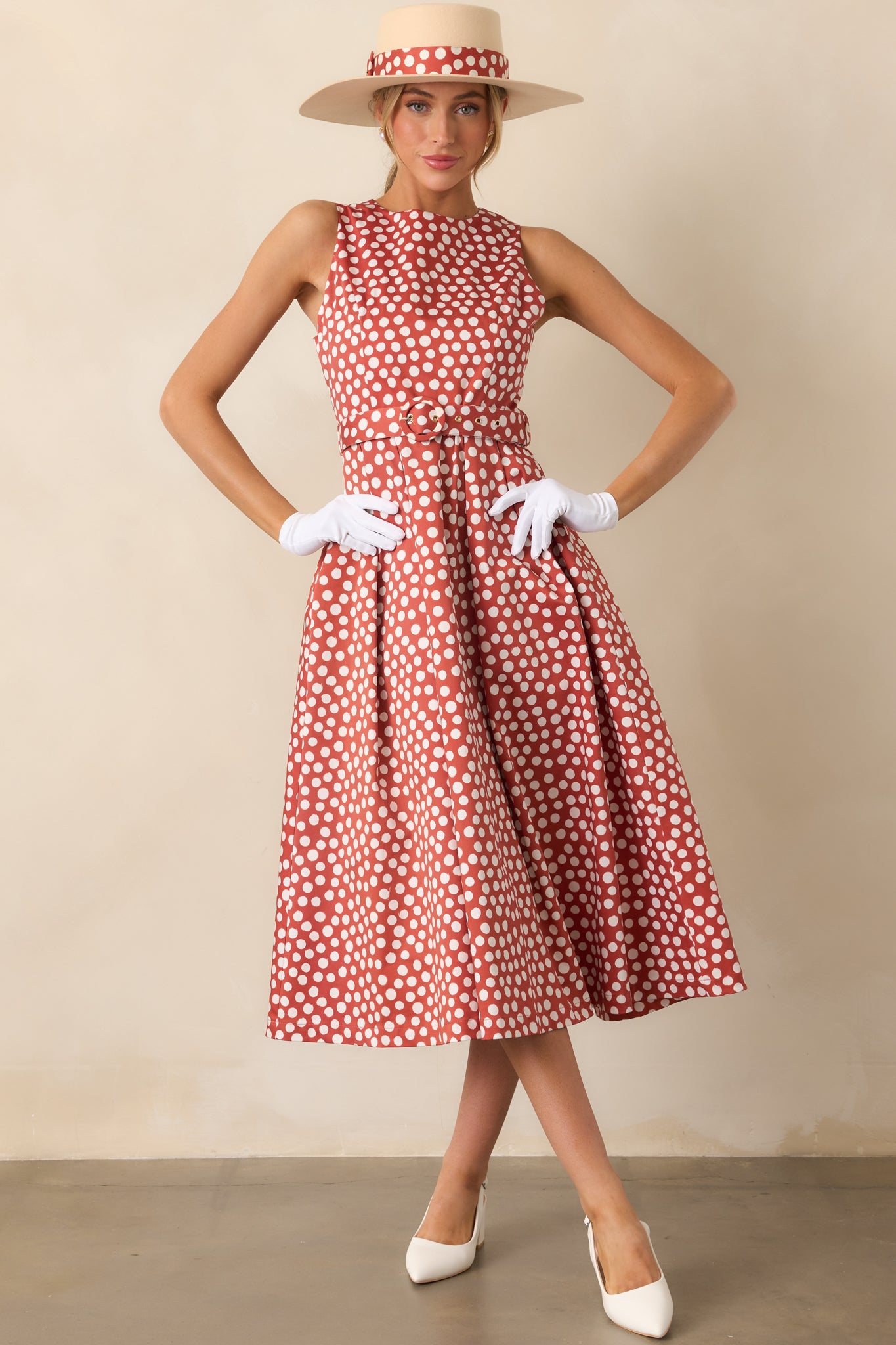 Women's Ava Brick Red Polka Dot Cotton Midi Dress | Size: L