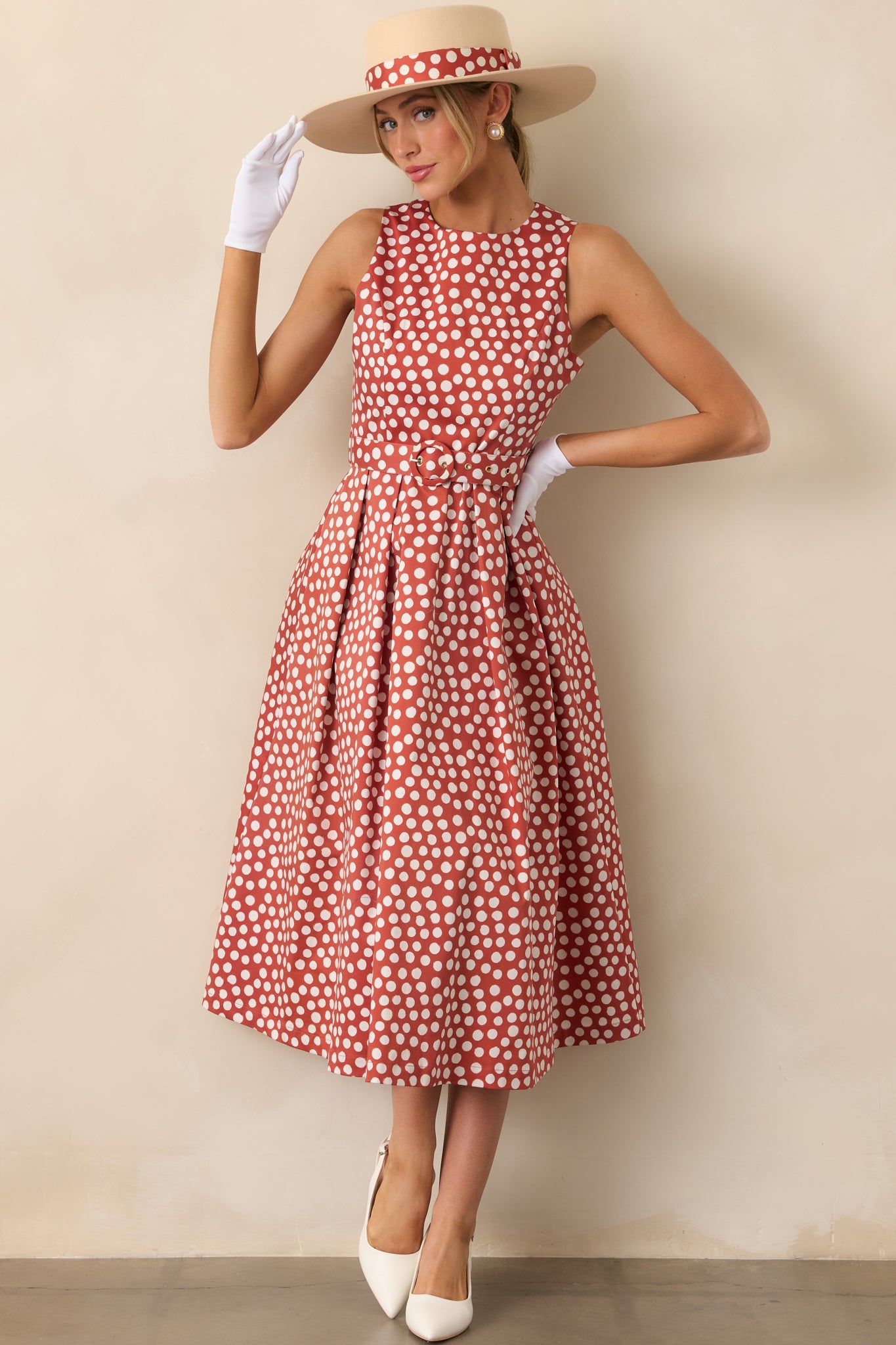 Women's Ava Brick Red Polka Dot Cotton Midi Dress | Size: L | Red Dress Women's Ava Brick Red Polka Dot Cotton Midi Dress | Size: L | Red Dress