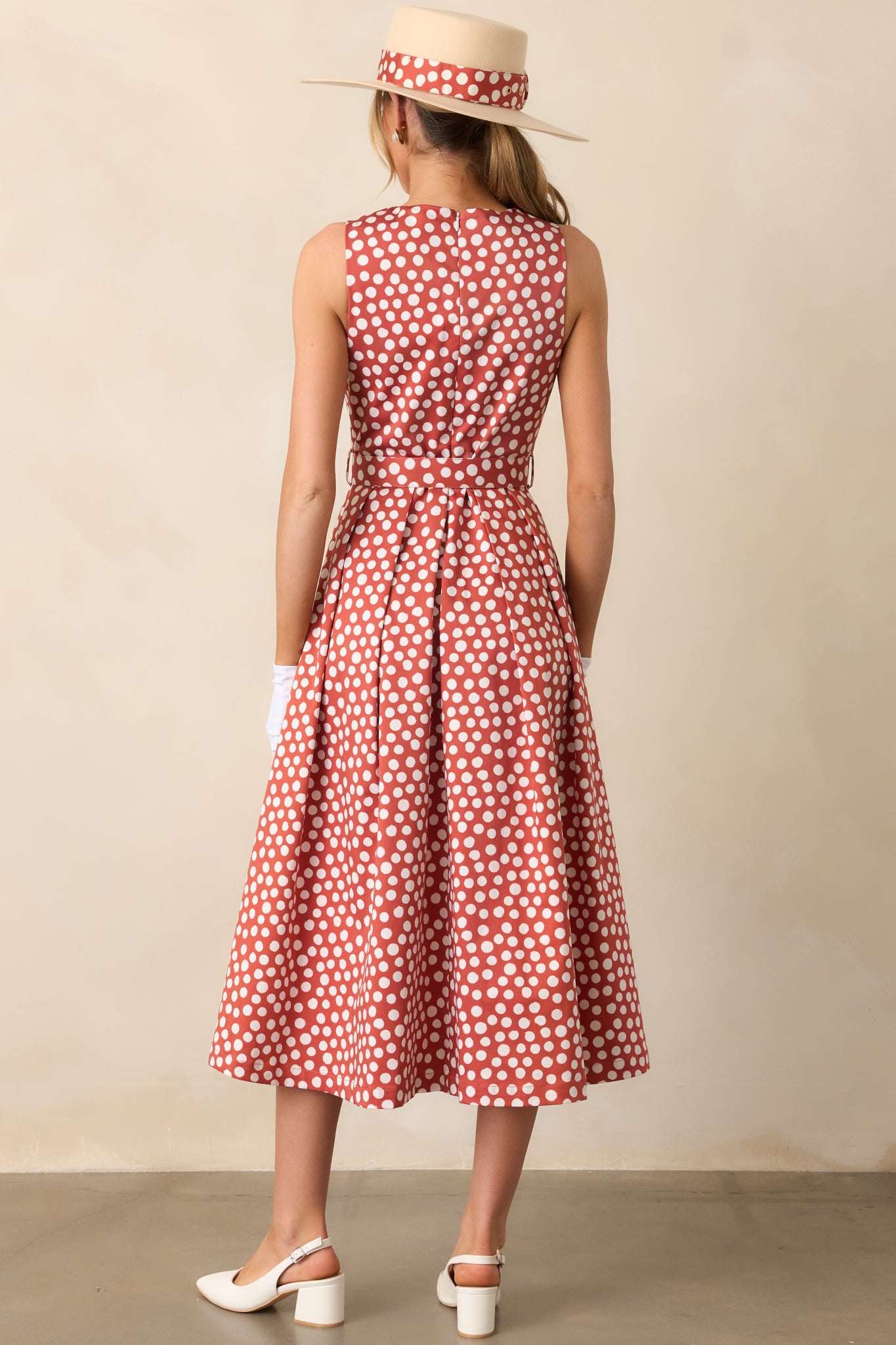 Prosperina Ava Midi Dress In Brick Red Polka Dot Cotton | Red Dress