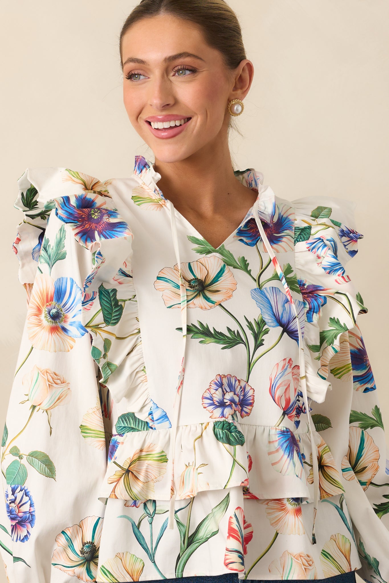 Detailed front view emphasizing the floral print and relaxed silhouette.
