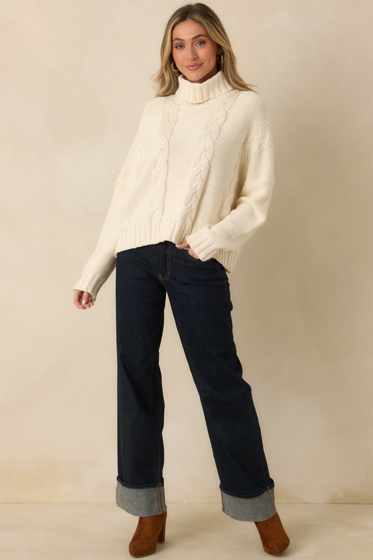 Prosperina Beckett Ivory Cable Knit Turtleneck Sweater