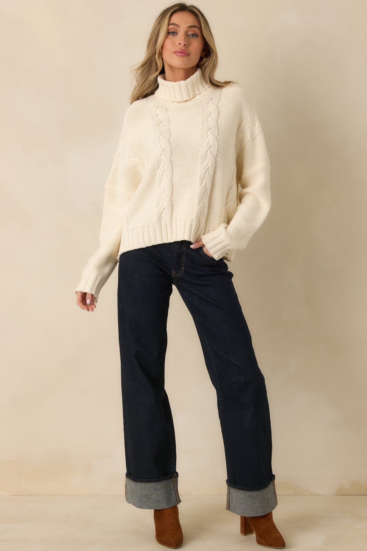 Prosperina Beckett Ivory Cable Knit Turtleneck Sweater