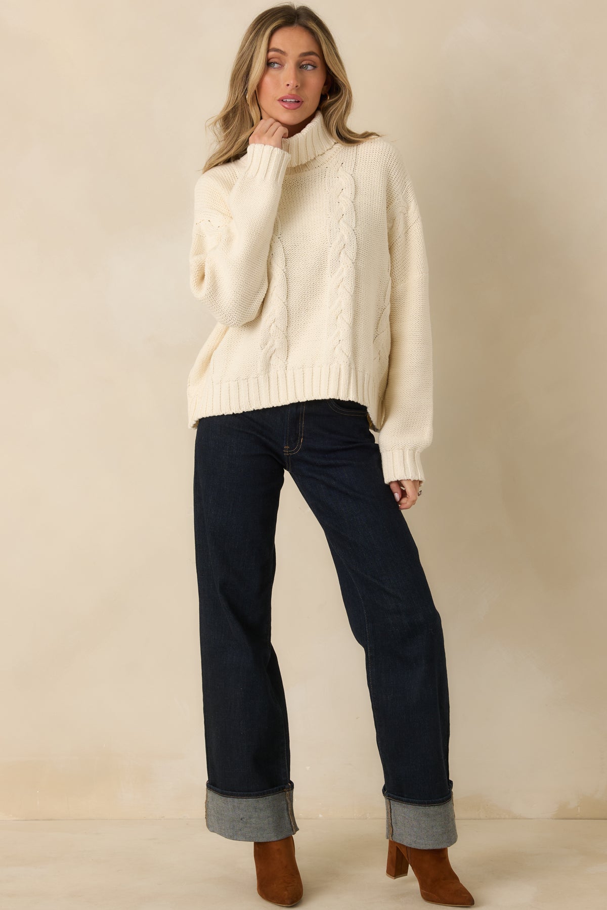 Prosperina Beckett Ivory Cable Knit Turtleneck Sweater
