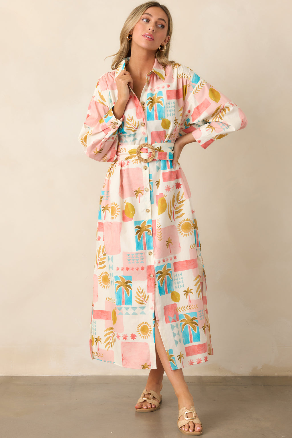 Tropical Print Button Front Maxi Dress - All Dresses