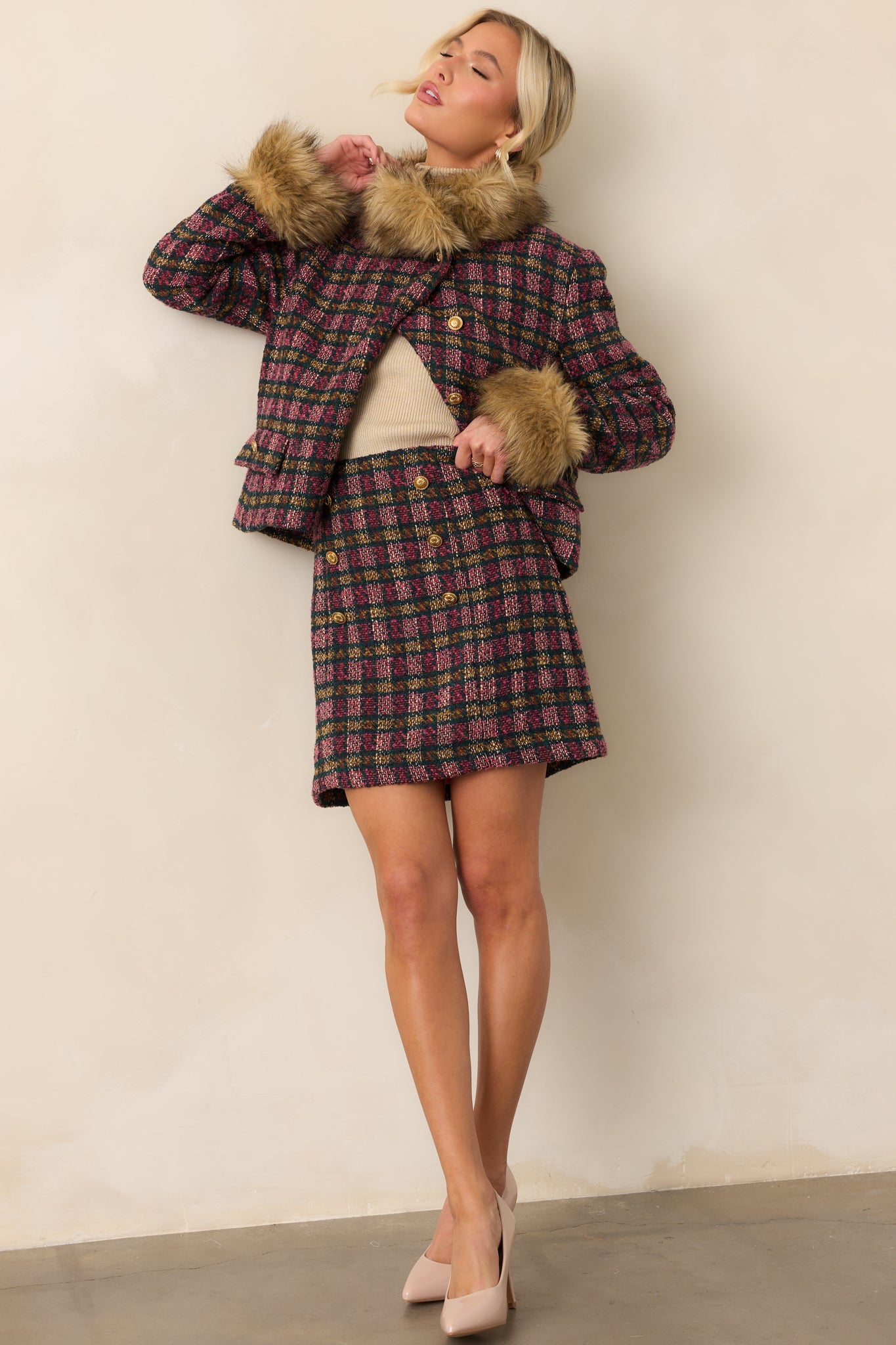 Prosperina Bouvier Tweed Jacket In Pink Multi Plaid | Red Dress