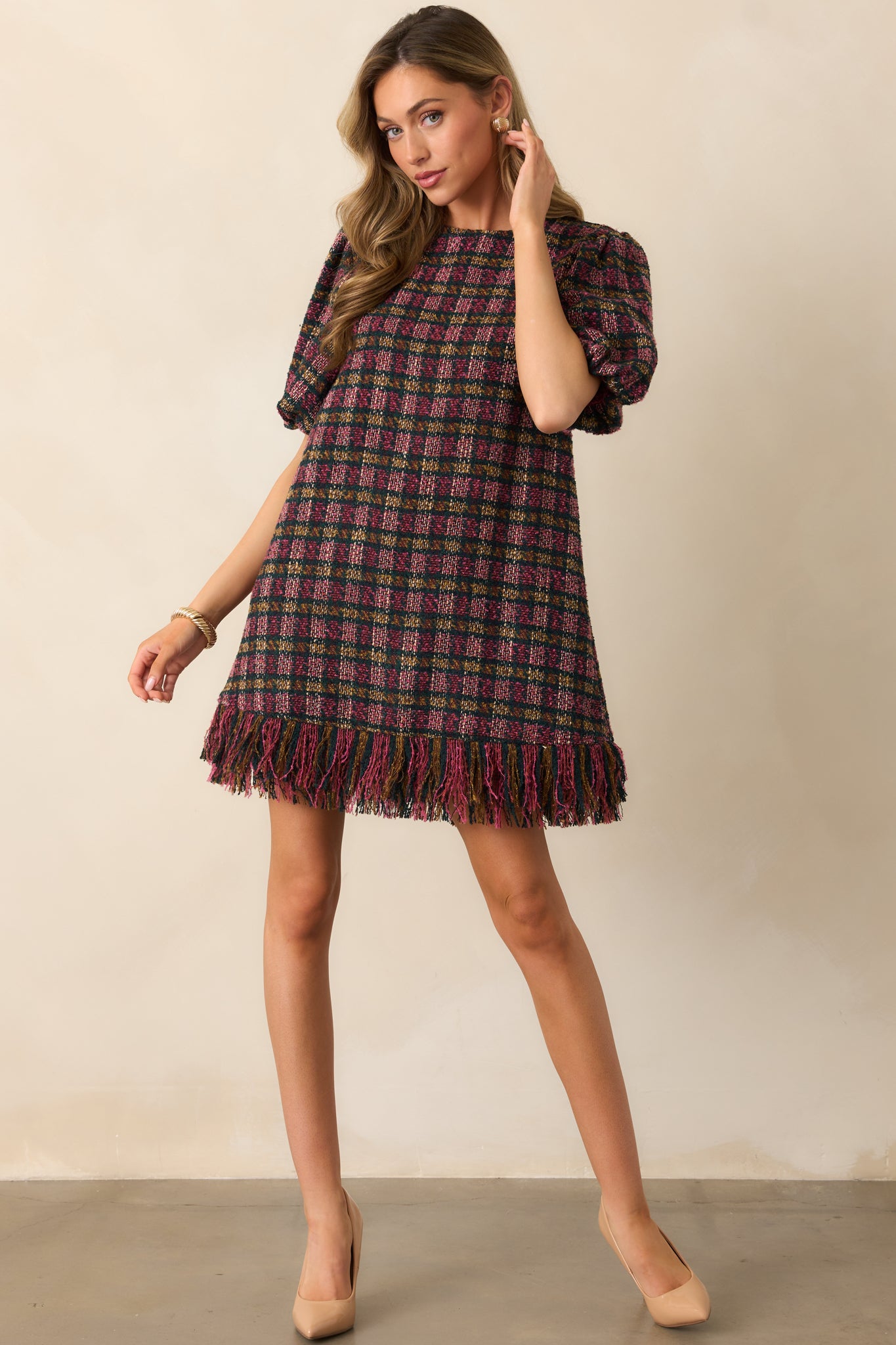 Prosperina Cecelia Tweed Mini Dress In Pink Multi Plaid | Red Dress