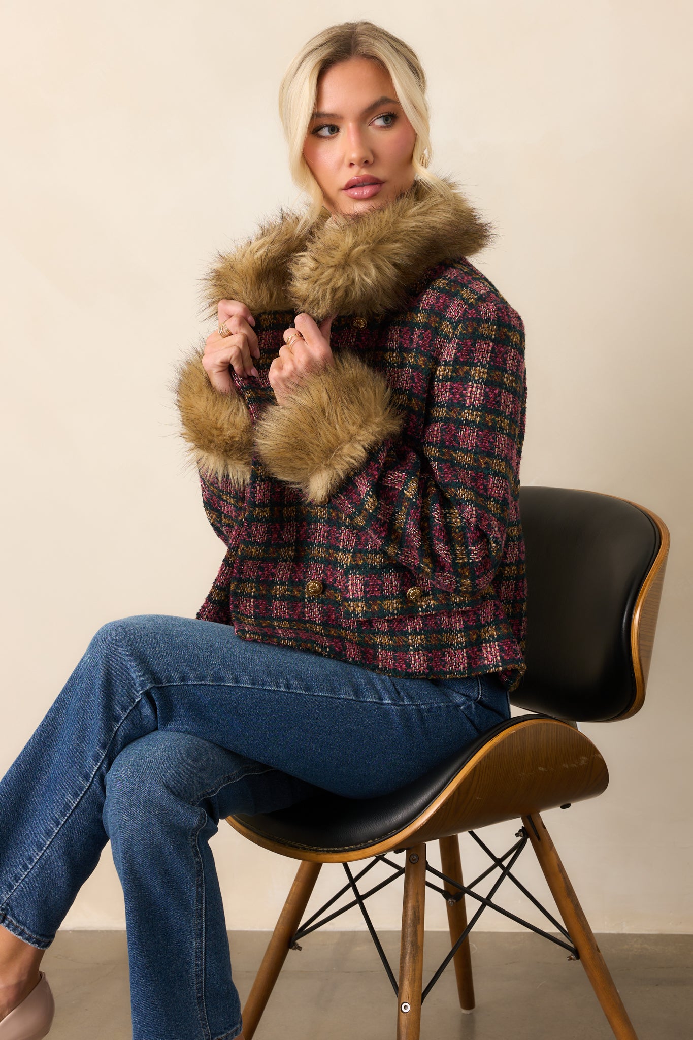 Prosperina Bouvier Tweed Jacket In Pink Multi Plaid | Red Dress