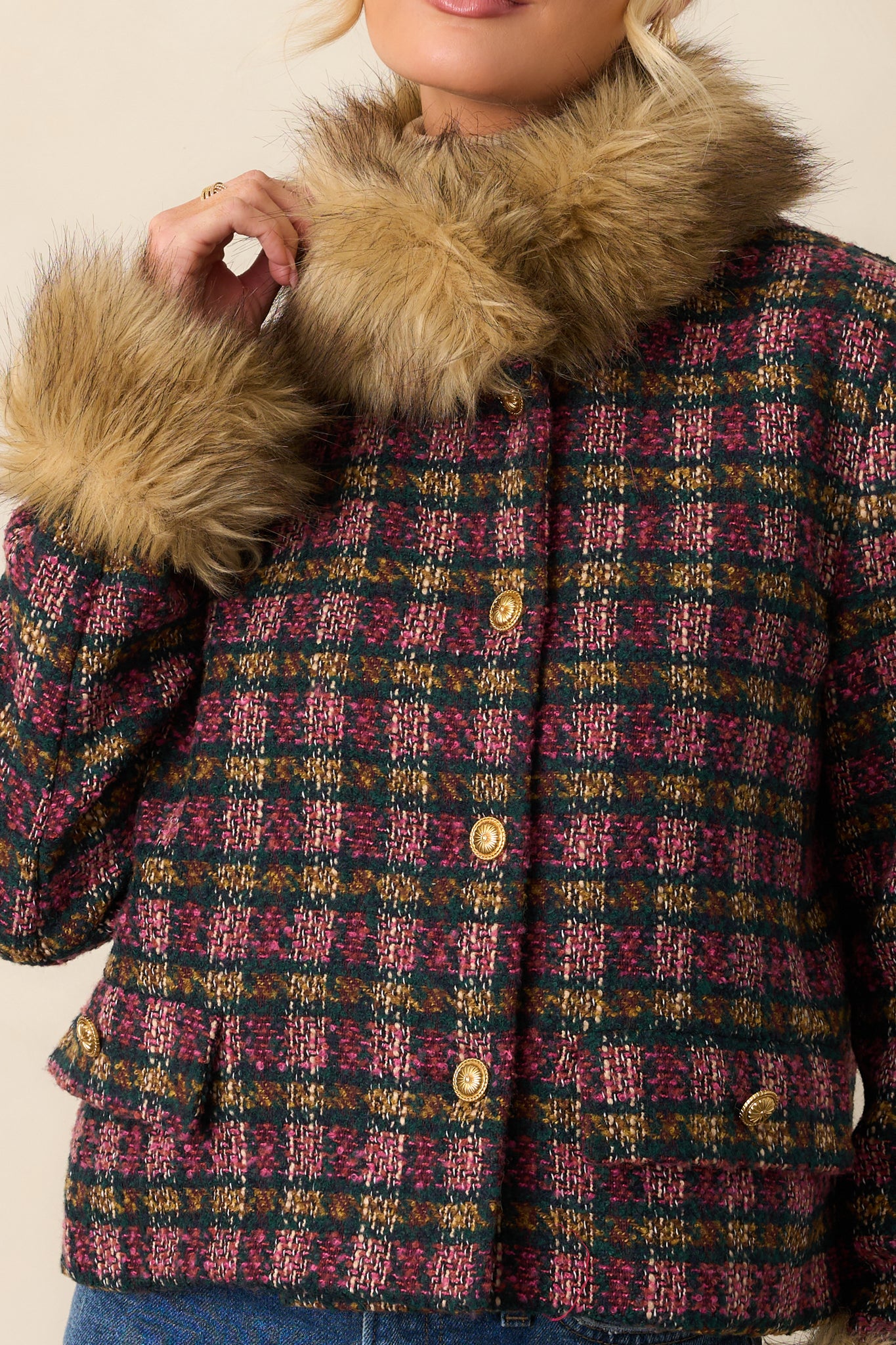 Prosperina Bouvier Tweed Jacket In Pink Multi Plaid | Red Dress