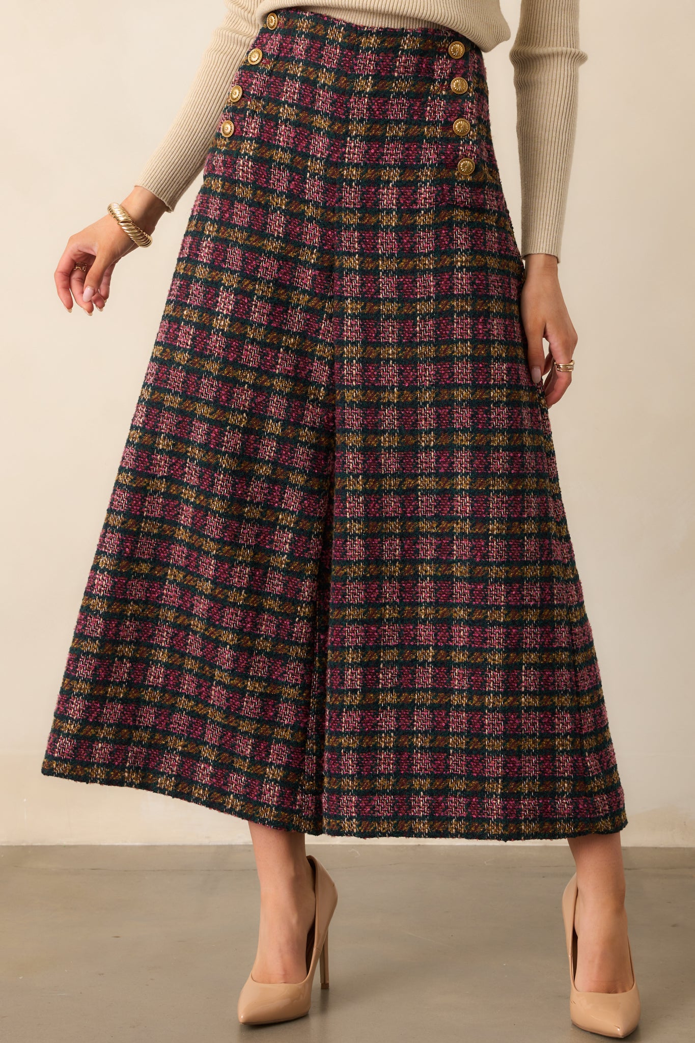 Cropped look highlighting the tailored fit and vibrant multi-color plaid pattern.