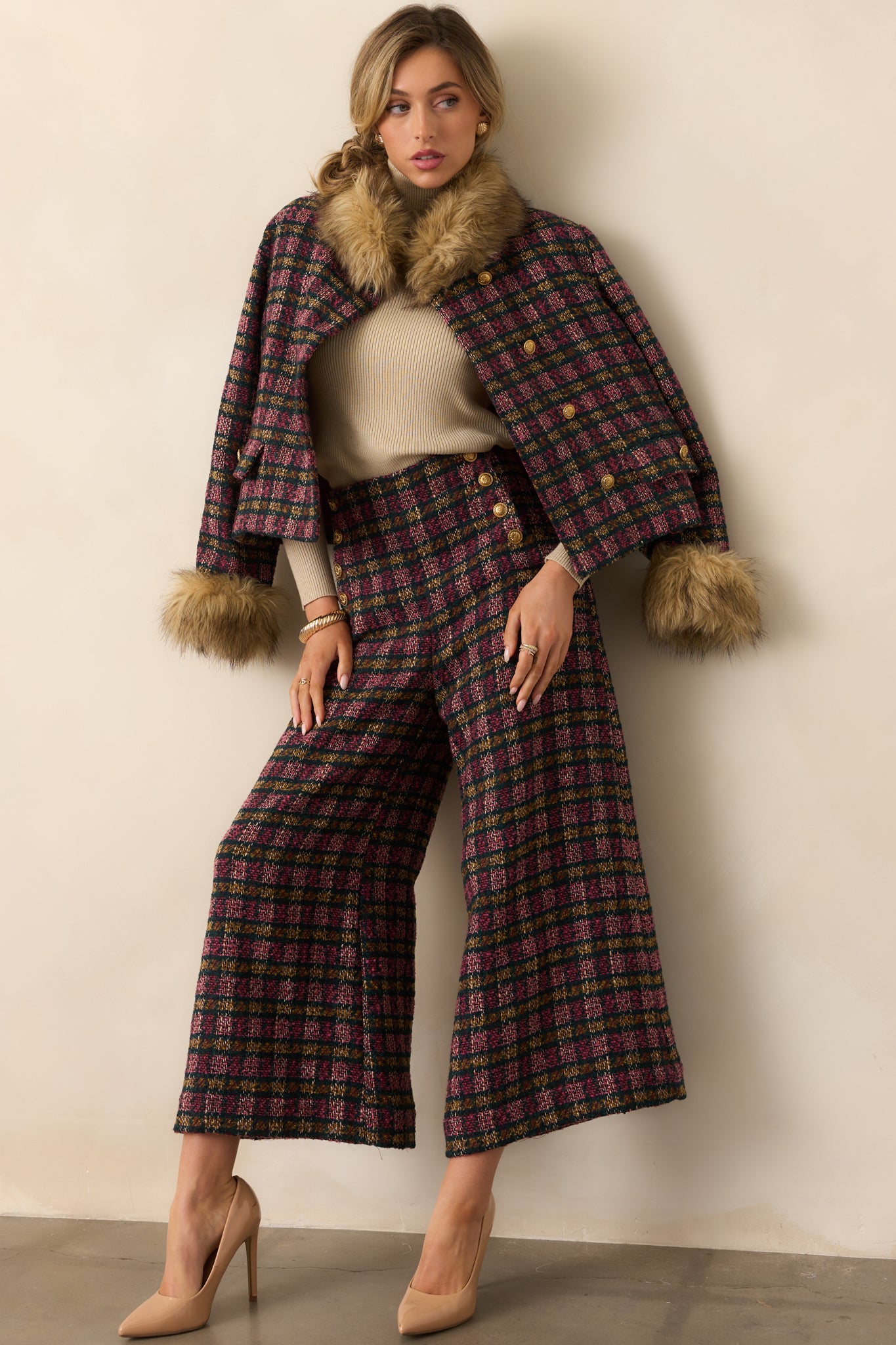 Prosperina Dietrich Tweed Pants In Pink Multi Plaid | Red Dress