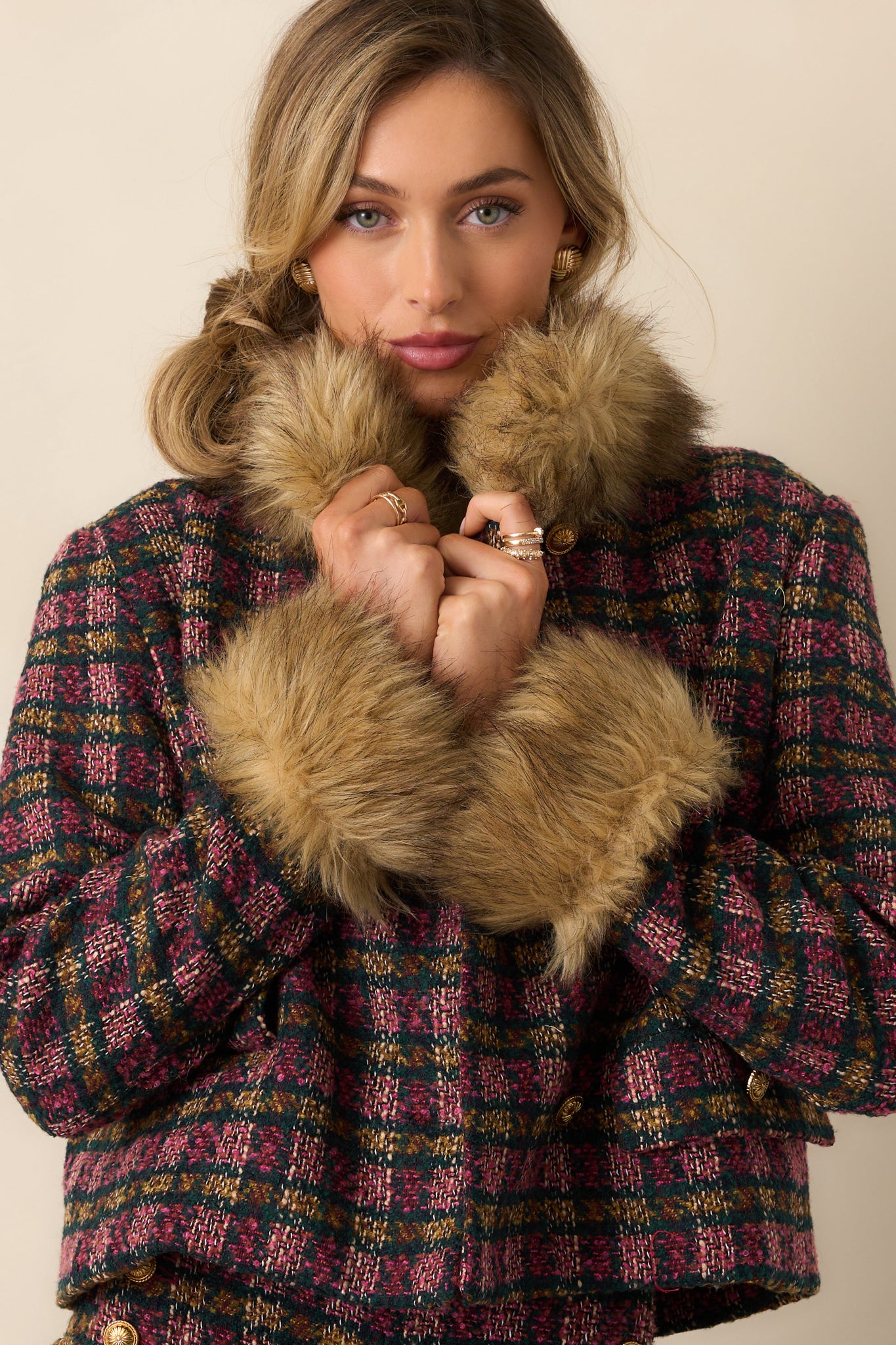 ジャケット・アウター tweed fur  jacket&pocket fur Prosperina Bouvier Tweed Jacket In Pink Multi Plaid | Red Dress