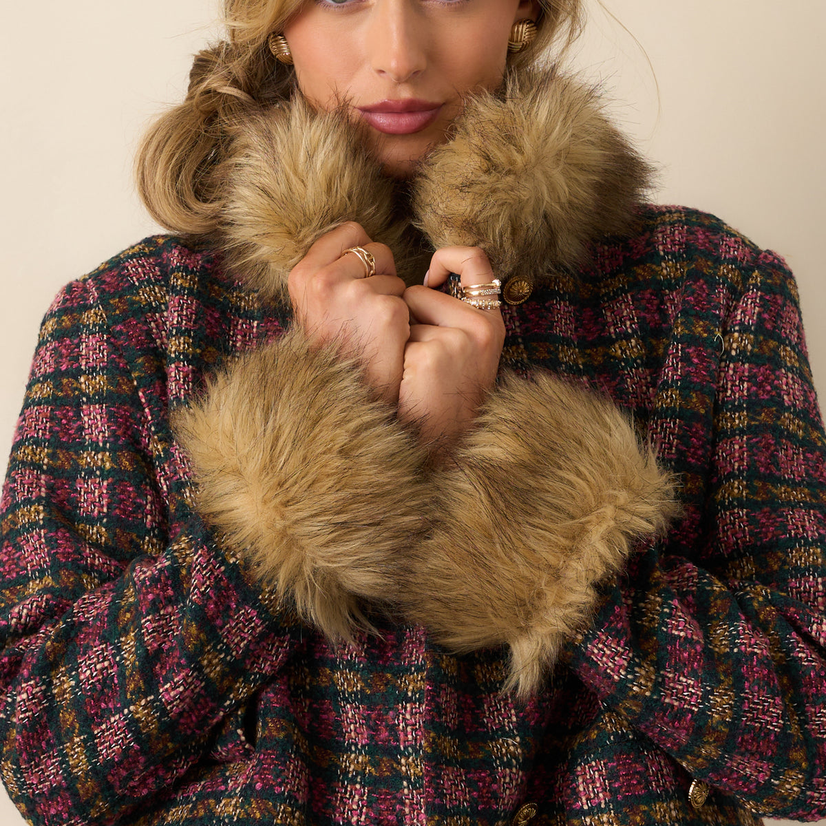 Prosperina Bouvier Tweed Jacket In Pink Multi Plaid | Red Dress