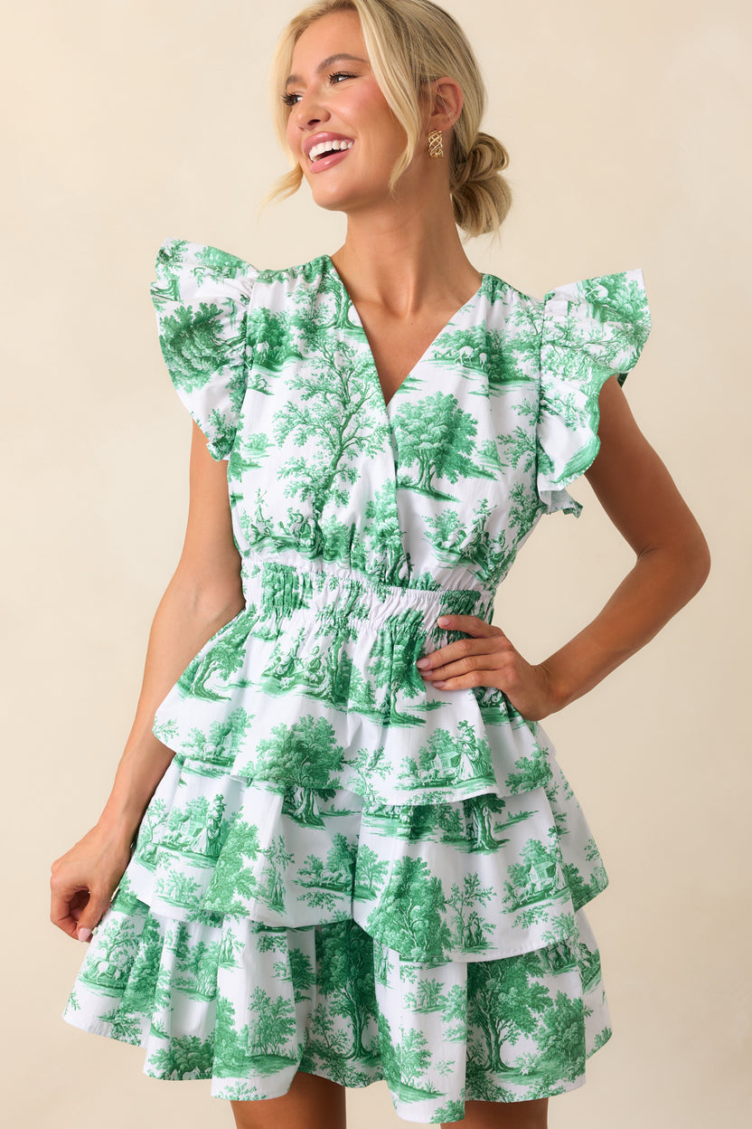 Prosperina Bridget Cotton Ruffle Mini Dress In Eden Green Toile