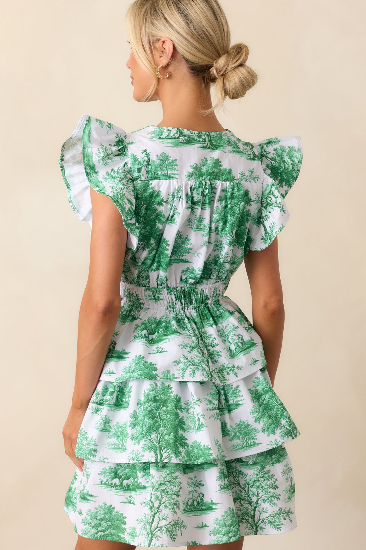 Prosperina Bridget Cotton Ruffle Mini Dress In Eden Green Toile