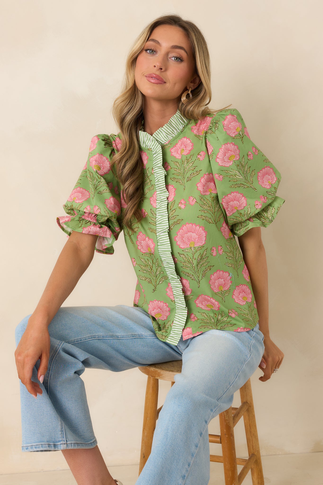 Puff sleeve cotton top with band collar and contrast striped placket.