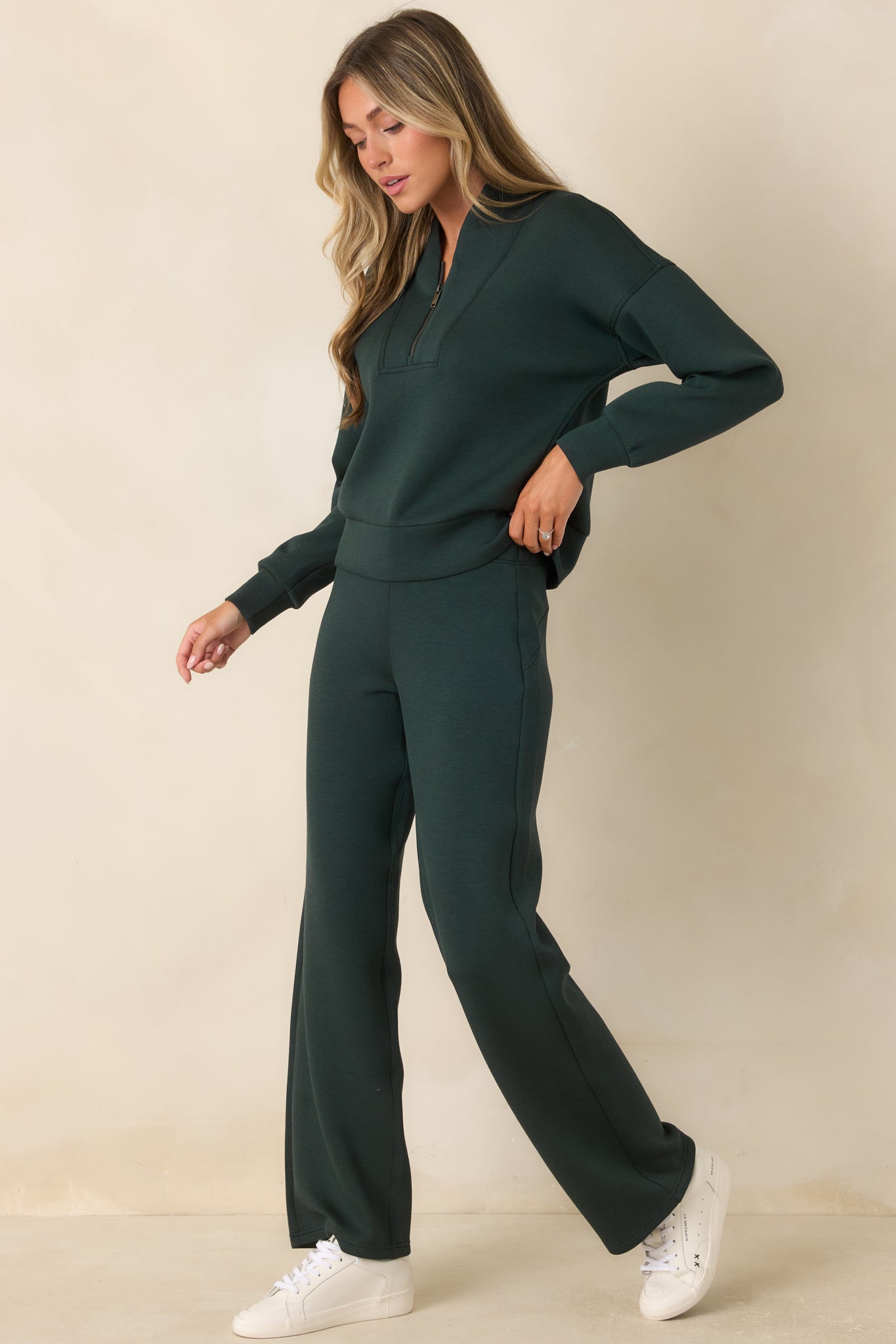 Pull-on pants featuring lightweight spacer fabric, a relaxed straight leg silhouette, and a flat-front waistband.