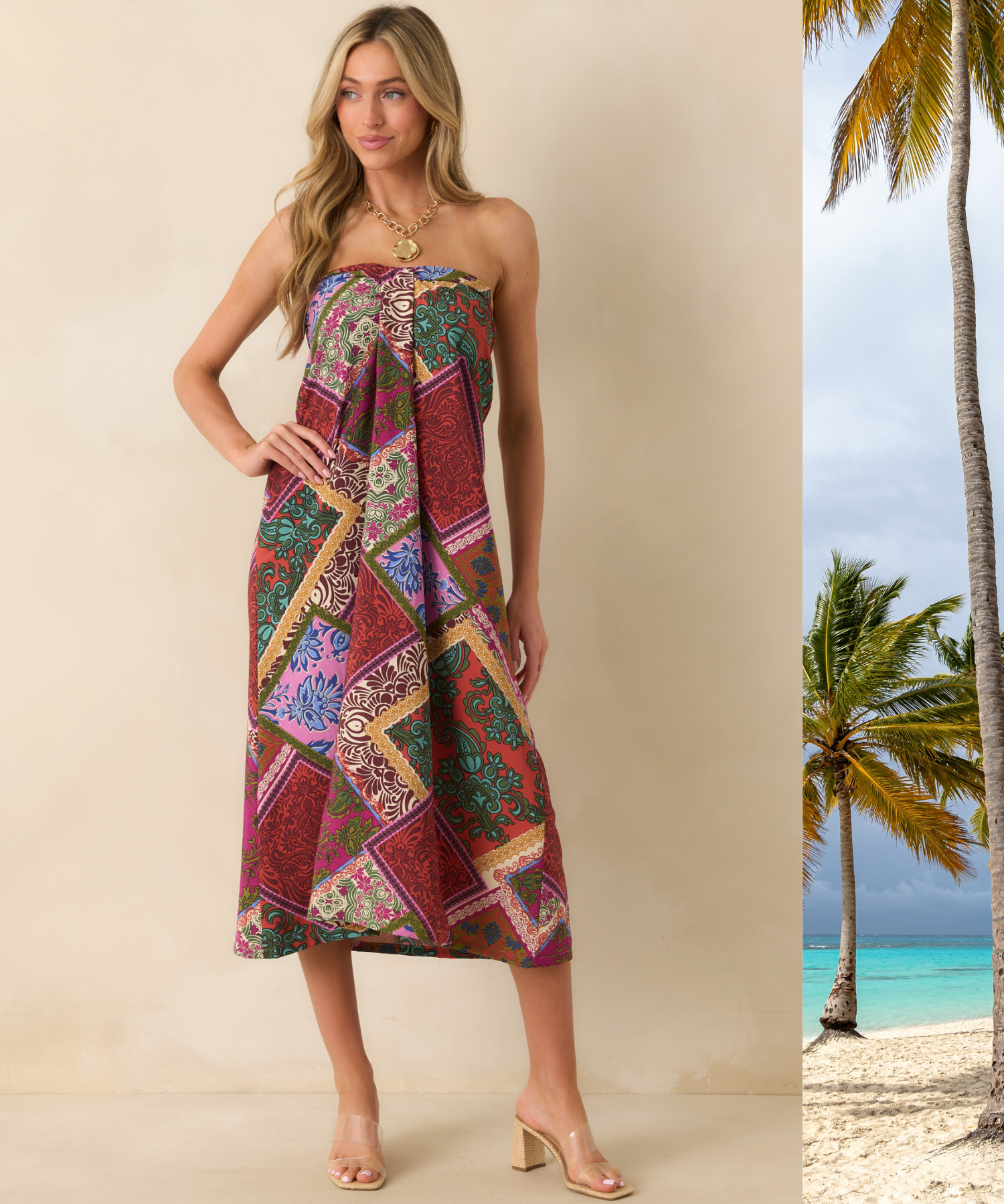 Woman wearing a red and purple multi patchwork print rayon strapless midi dress.