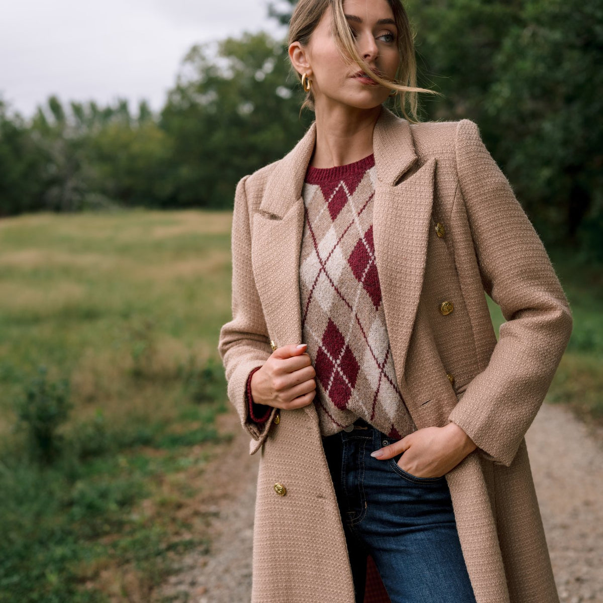 Detail of a camel double-breasted topcoat worn open over a burgundy argyle sweater and dark denim.