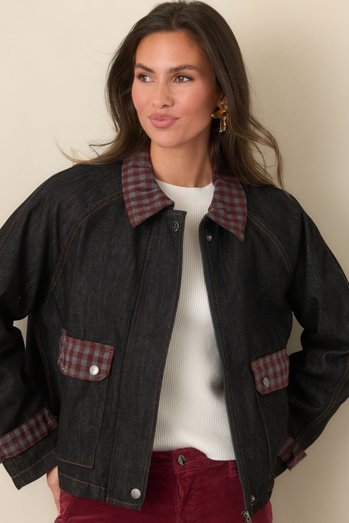 Quilted denim jacket with muted burgundy and grey gingham details and distinctive contrast stitching.