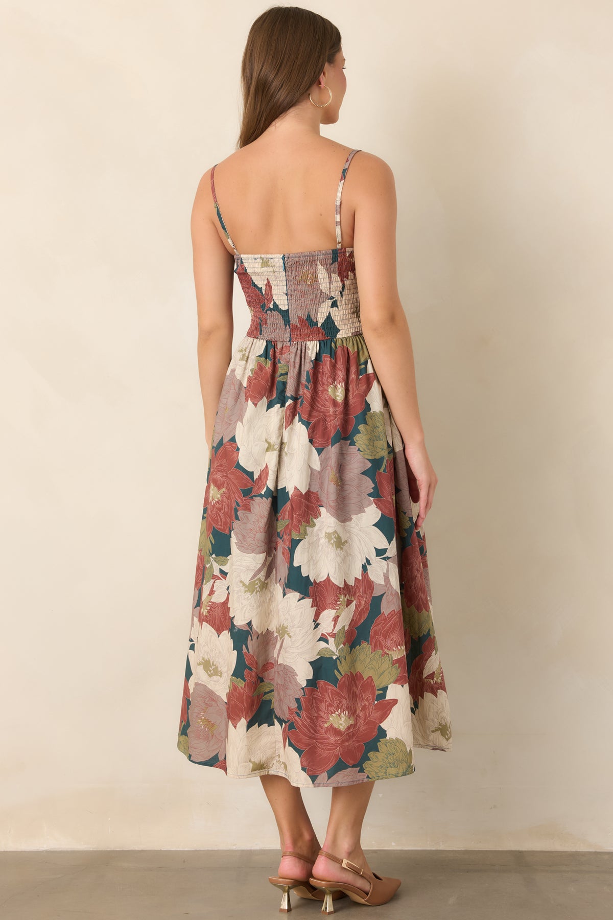 Rear of the deep teal floral midi dress featuring slender straps and a smocked back.
