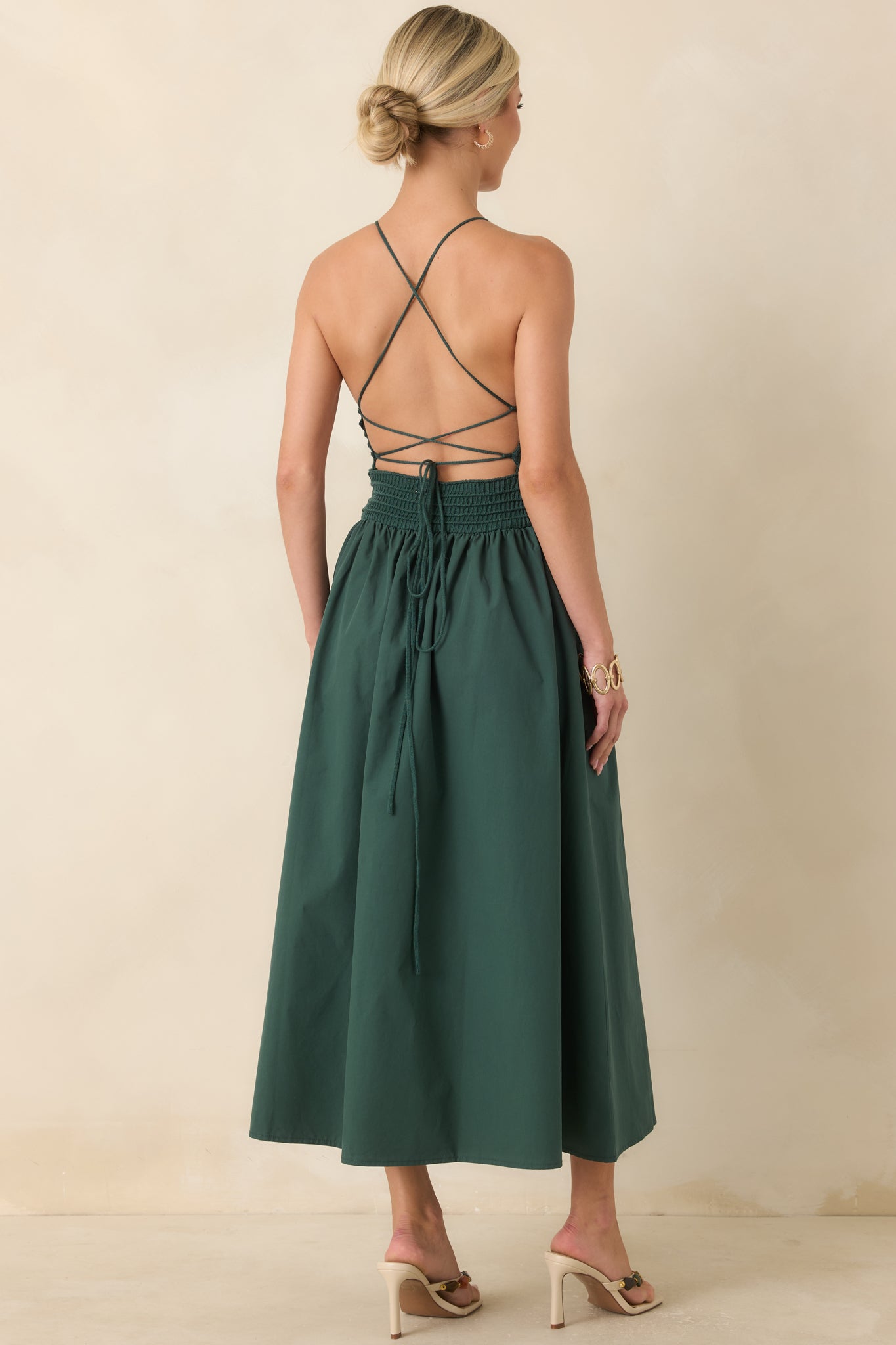 Lucia Green Cotton Strappy Knit Bodice Midi Dress | FRNCH