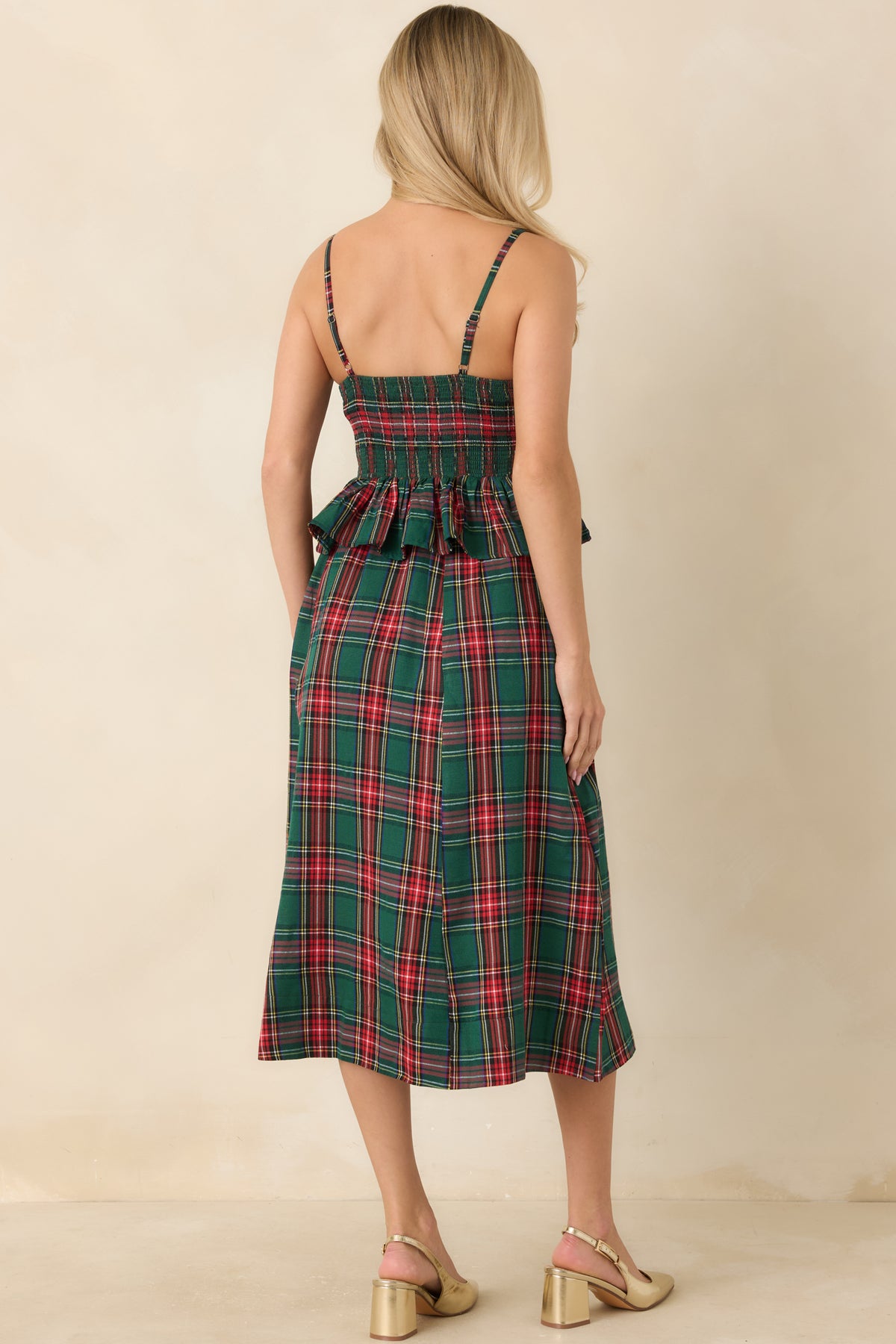 Rear view of the green plaid midi dress featuring adjustable shoulder straps and a smocked back panel.