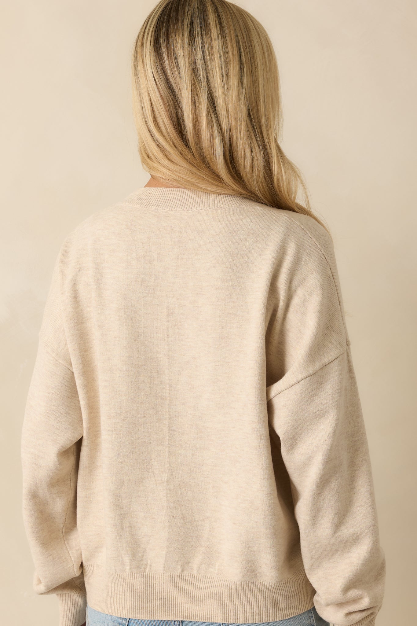 Back view of the oatmeal crewneck sweater showing smooth knit fabric, long sleeves, ribbed hem and cuffs, and relaxed fit.