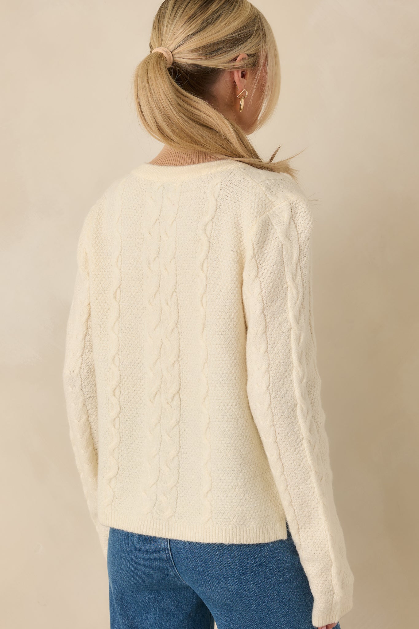 Ivory Cable Knit Open Front Cardigan - All Tops | Red Dress