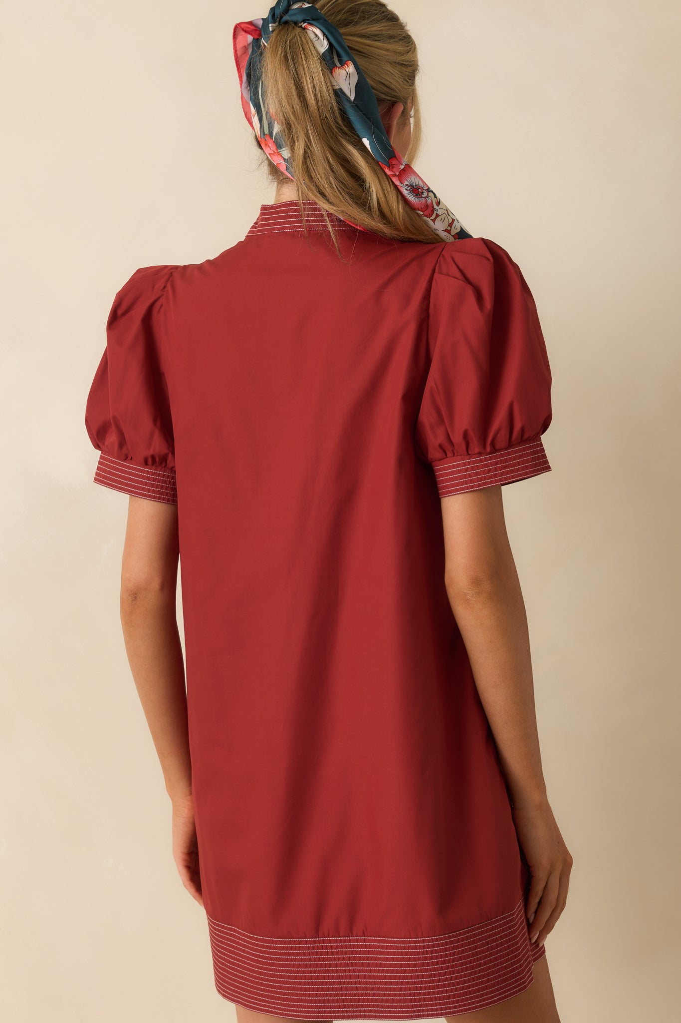 Brick Red Cotton Puff Sleeve Dress - Mini Dresses