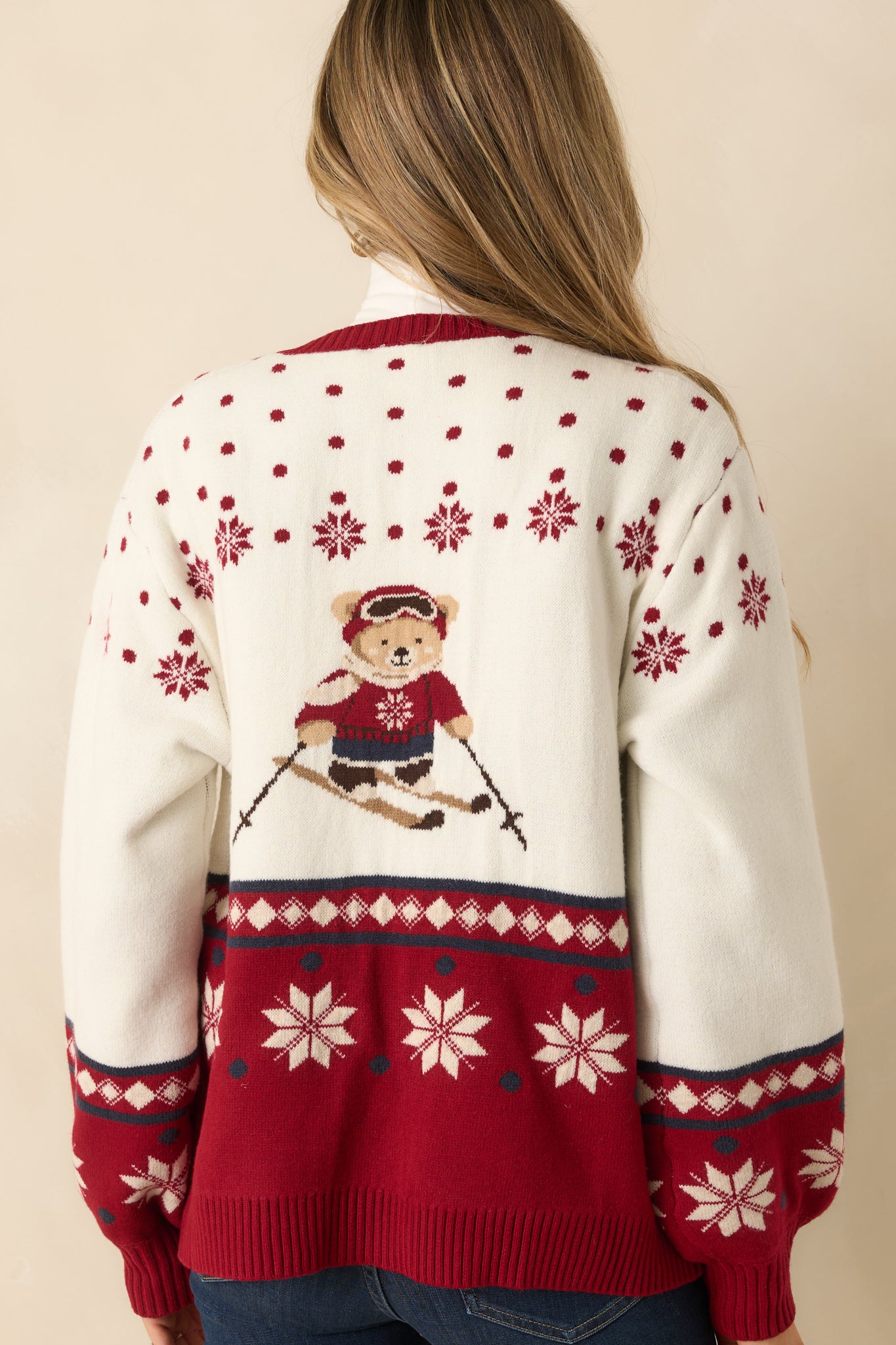 Ivory & Red Knit Ski Bear Cardigan Sweater - Women's Tops | Red Dress